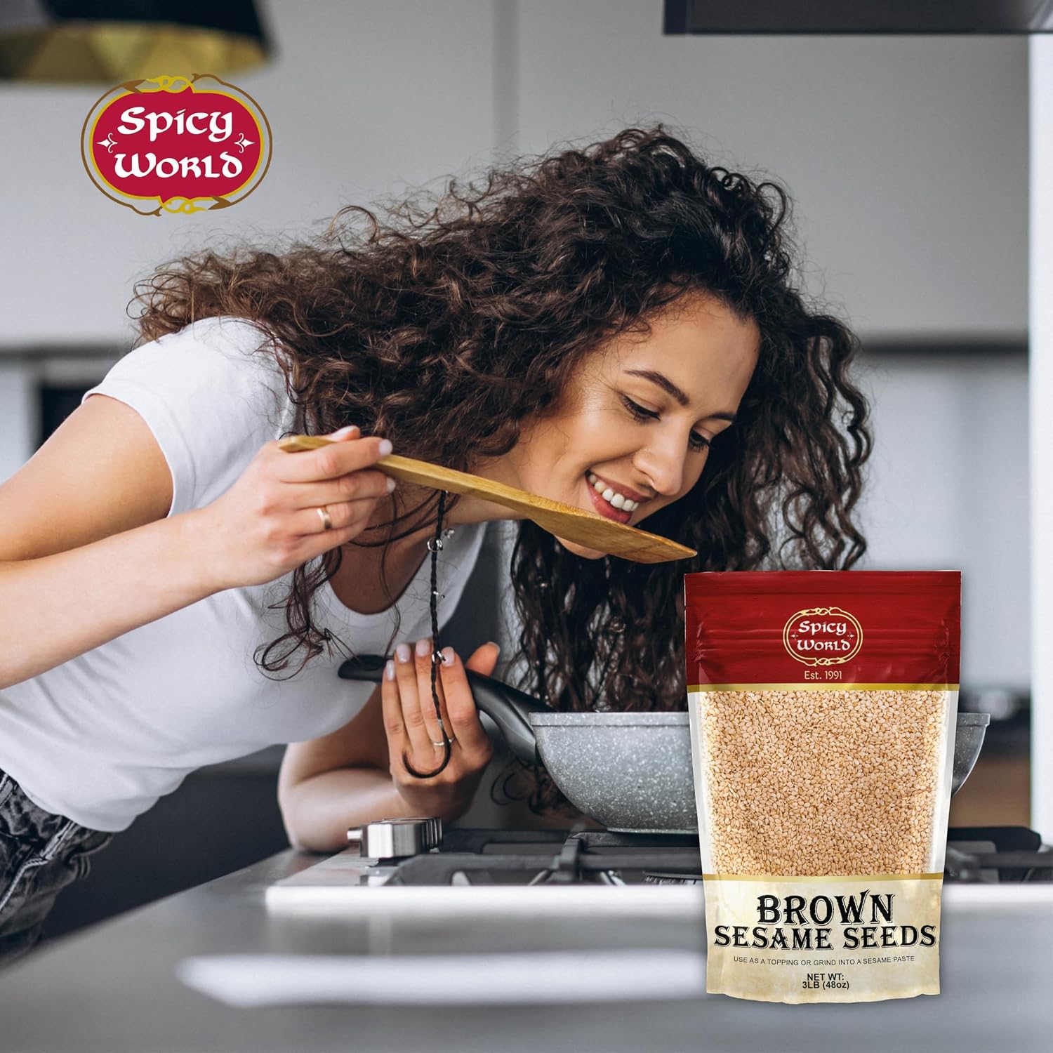 Spicy World Natural Brown Sesame Seeds 3 LB (48oz) - Non-GMO, Vegan, Raw, Unroasted, Unsalted, Plant-Based Protein, Source of Fiber & Iron