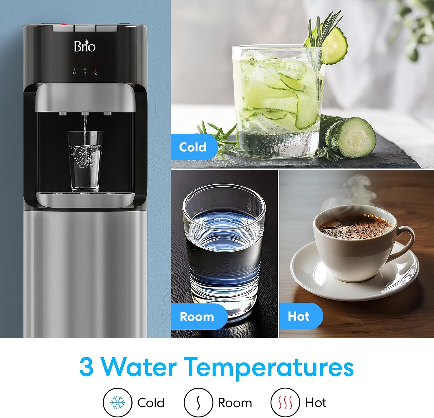 Brio Bottom Loading Water Cooler Dispenser for 5 Gallon Bottles - 3 Temperatures with Hot, Room & Cold Spouts, Child Safety Lock