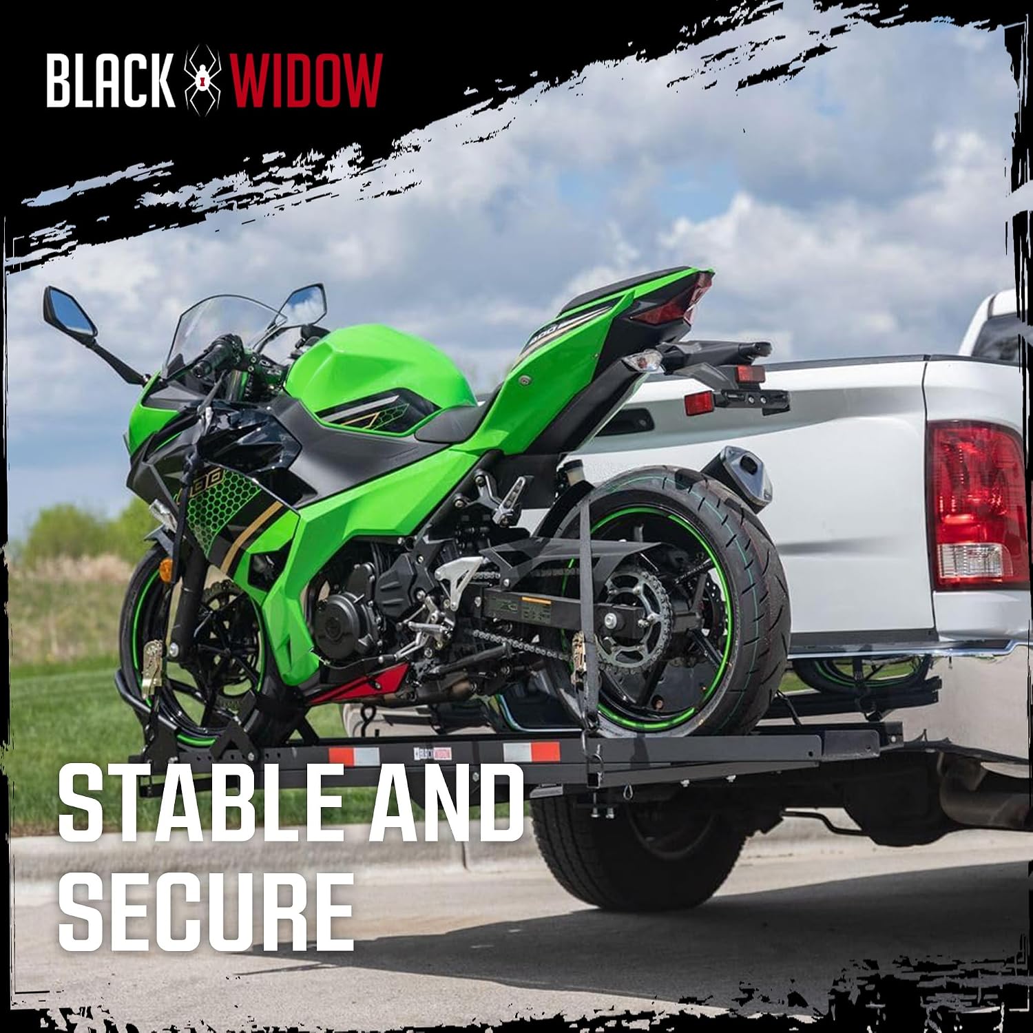 Black Widow Steel Motorcycle Carrier with Ramp for 2-Inch Receiver, 500 lb Capacity - Hitch-Mounted Dirt Bike and Scooter Hauler with Grit-Coated Track and Anti-Rattle Device for SUVs and Trucks