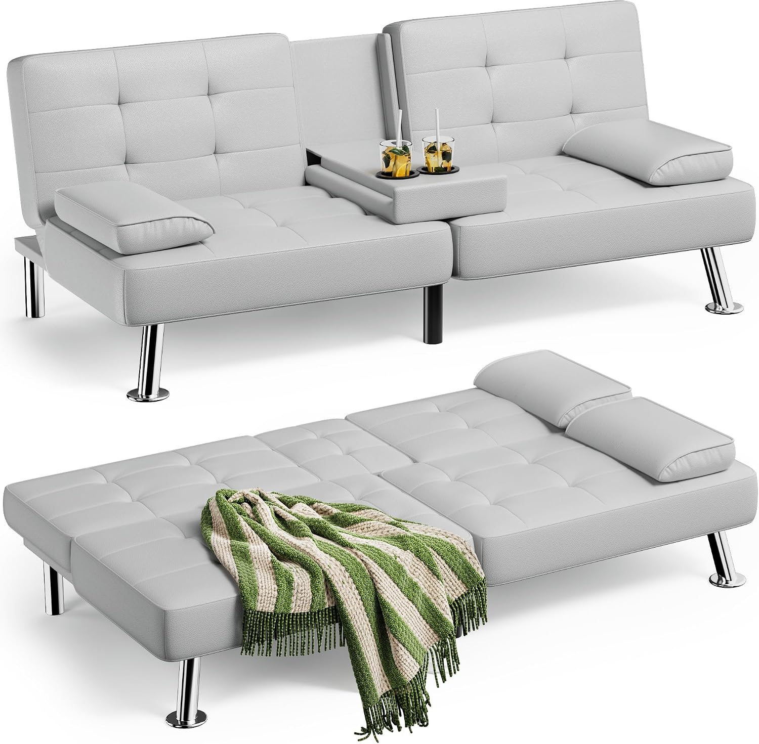 JUMMICO Faux Leather Futon Sofa Bed, Sleeper Sofa with Adjustable Backrest