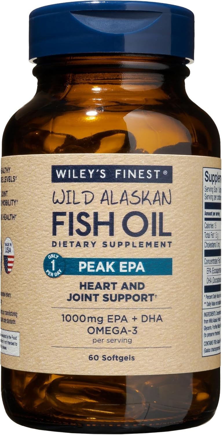 Wiley's Finest Wild Alaskan Fish Oil Peak EPA - Triple Strength Peak EPA & DHA Supplement - 1000mg Fish Oil - Omega-3s for Joint Health Support - 30 Softgels (30 Servings)