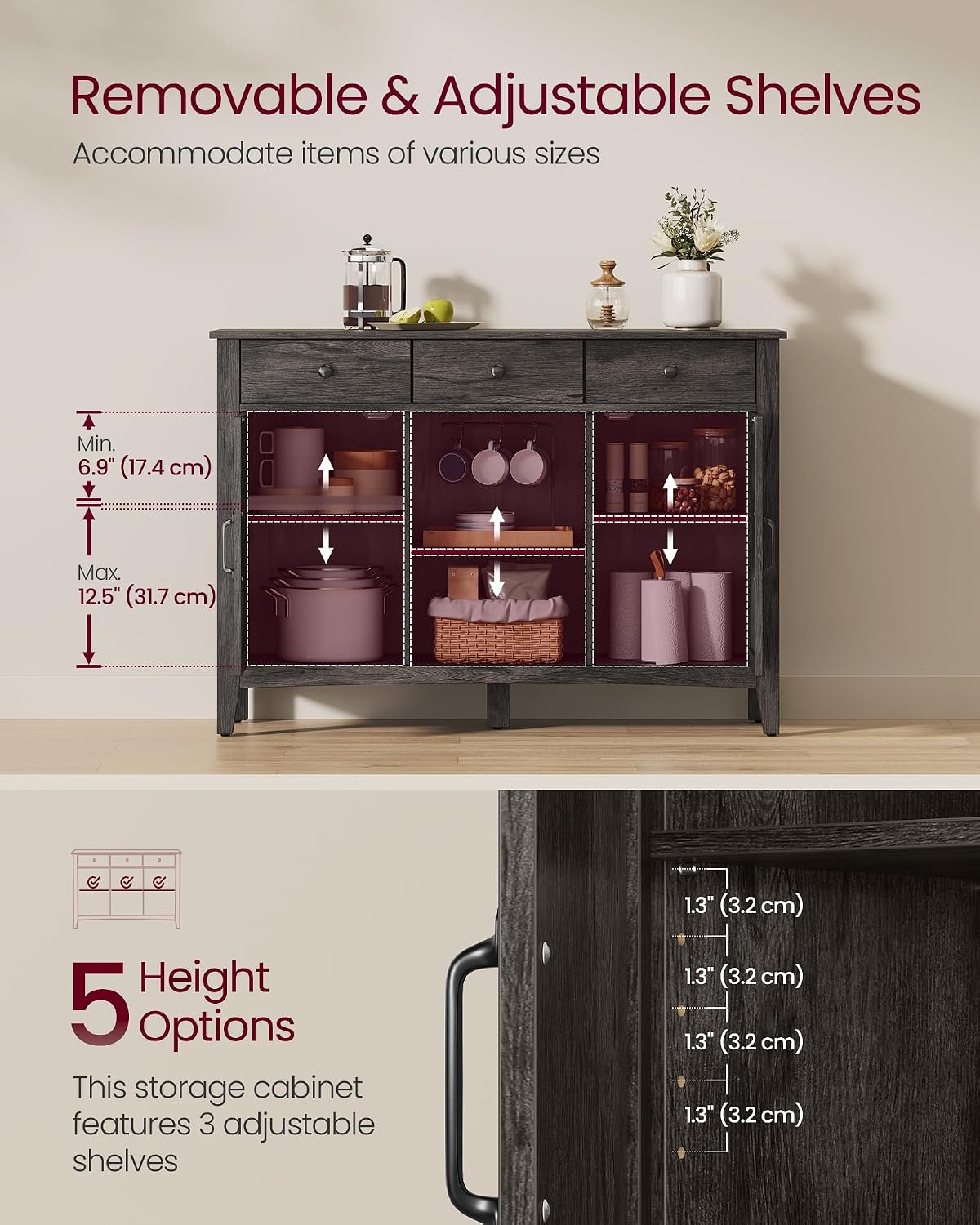 VASAGLE LIRY Collection - Storage Cabinet, Buffet Cabinet, Sideboard, Credenza, with Adjustable Shelves, for Entryway, Rustic White and Honey Brown ULSC381W01