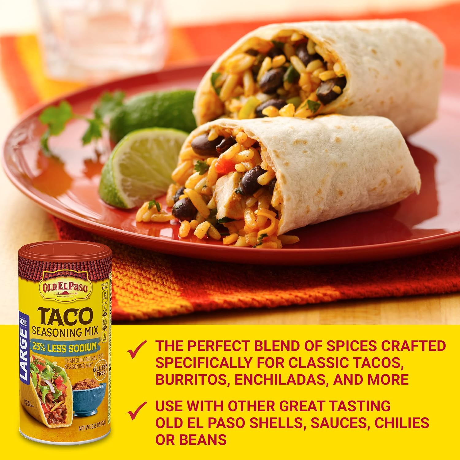 Old El Paso Taco Seasoning, 25% Less Sodium, Large Size, 6.25 oz | 25% Less Sodium Vs. Original, Large Canister for Batch Cooking, Seasons Tacos, Soups & Dips