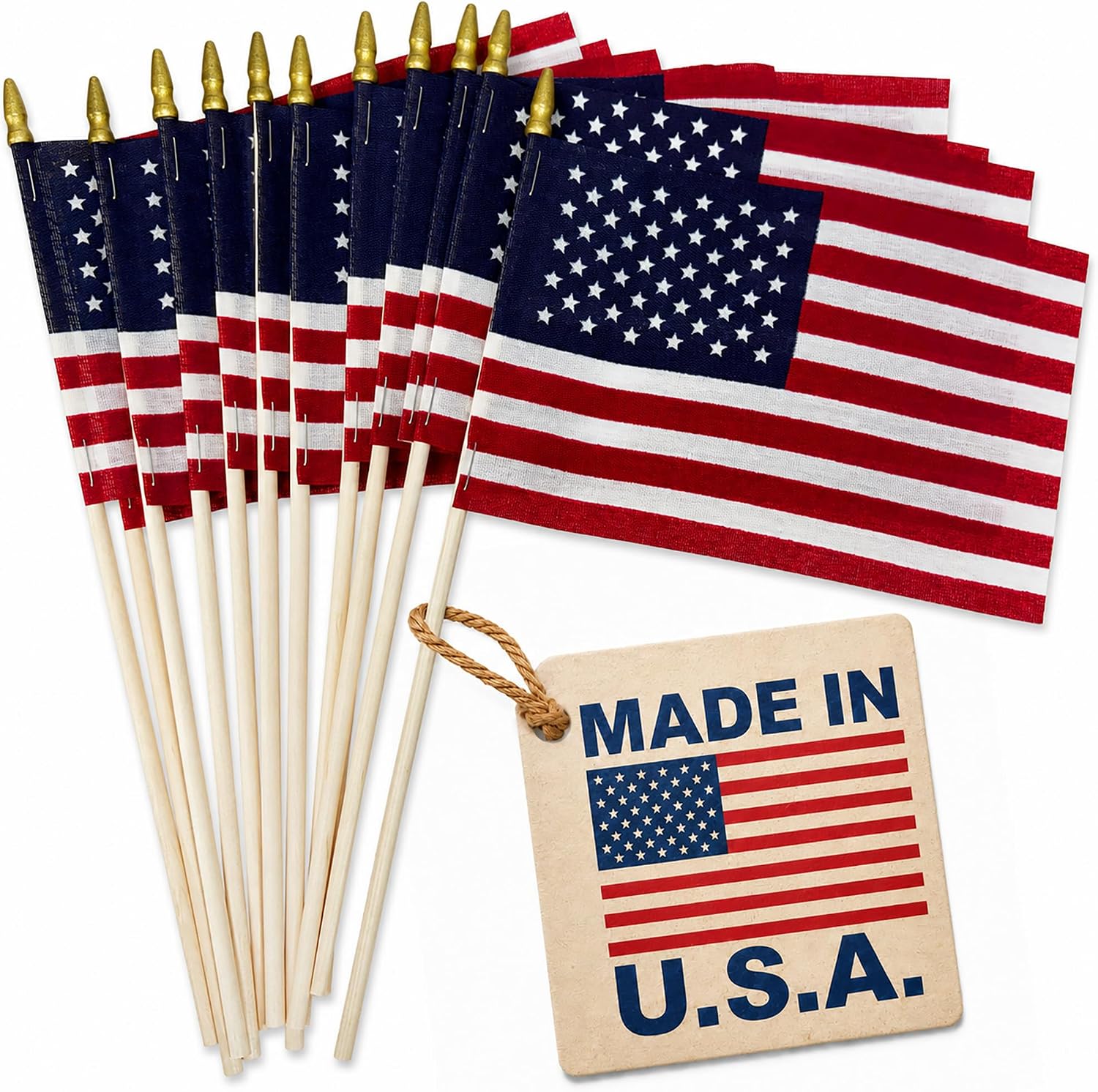 Set of 12, Proudly Made in U.S.A. Small American Flags 4x6 Inch/Small US Flag/Mini American Stick Flag/American Hand Held Stick Flags Spear Top