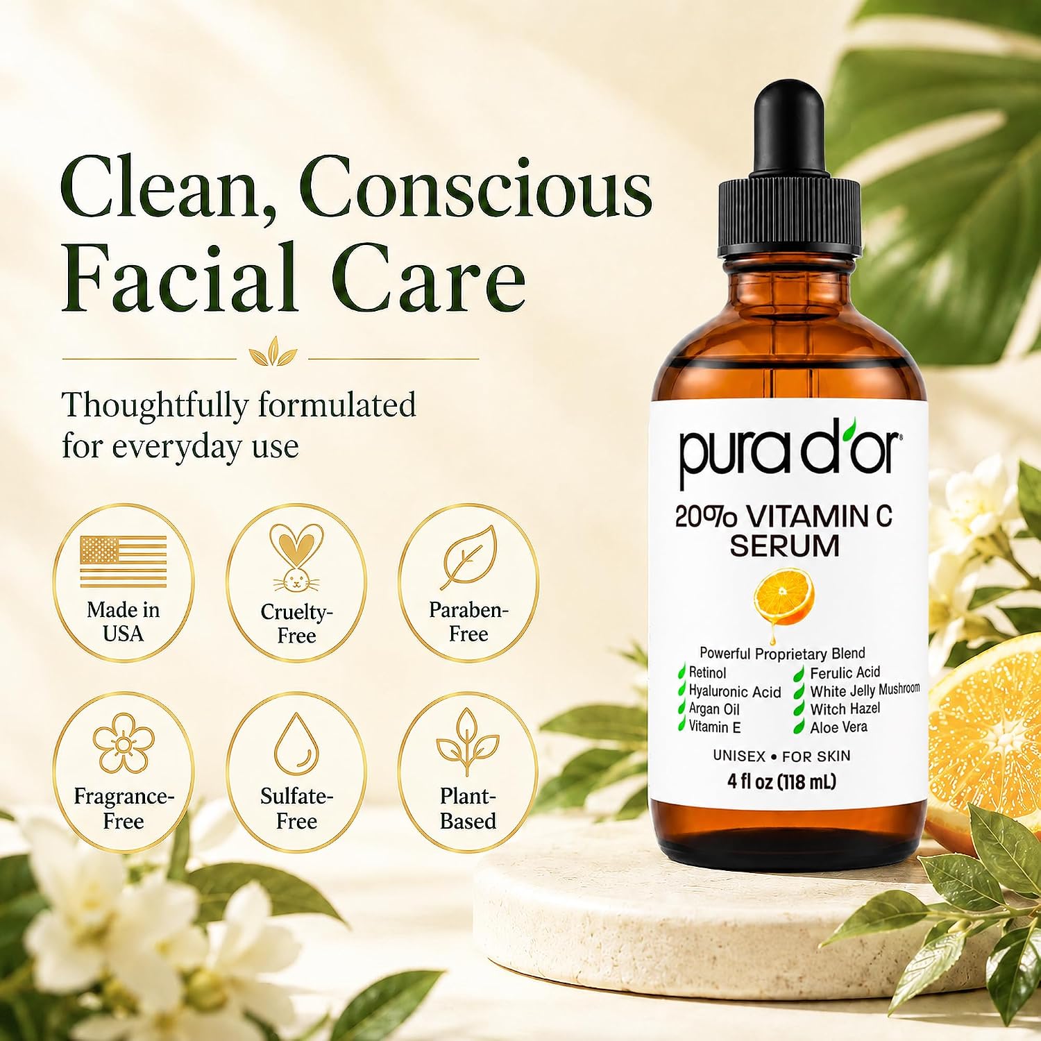 PURA D'OR 20% Vitamin C Anti-Aging Facial Serum, 4 fl oz | Smoother-Looking Texture, pH Balanced, Ferulic Booster, Antioxidant Support, Uneven Tone