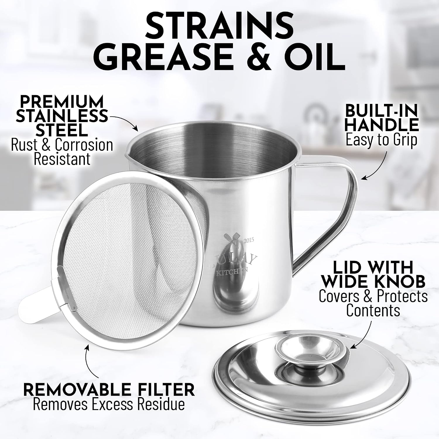 Zulay Bacon Grease Container With Strainer, Lid & Handle -Large, 1L Stainless Steel - Perfect For Kitchen, Storing Ghee, Fats & Frying/Cooking Oils