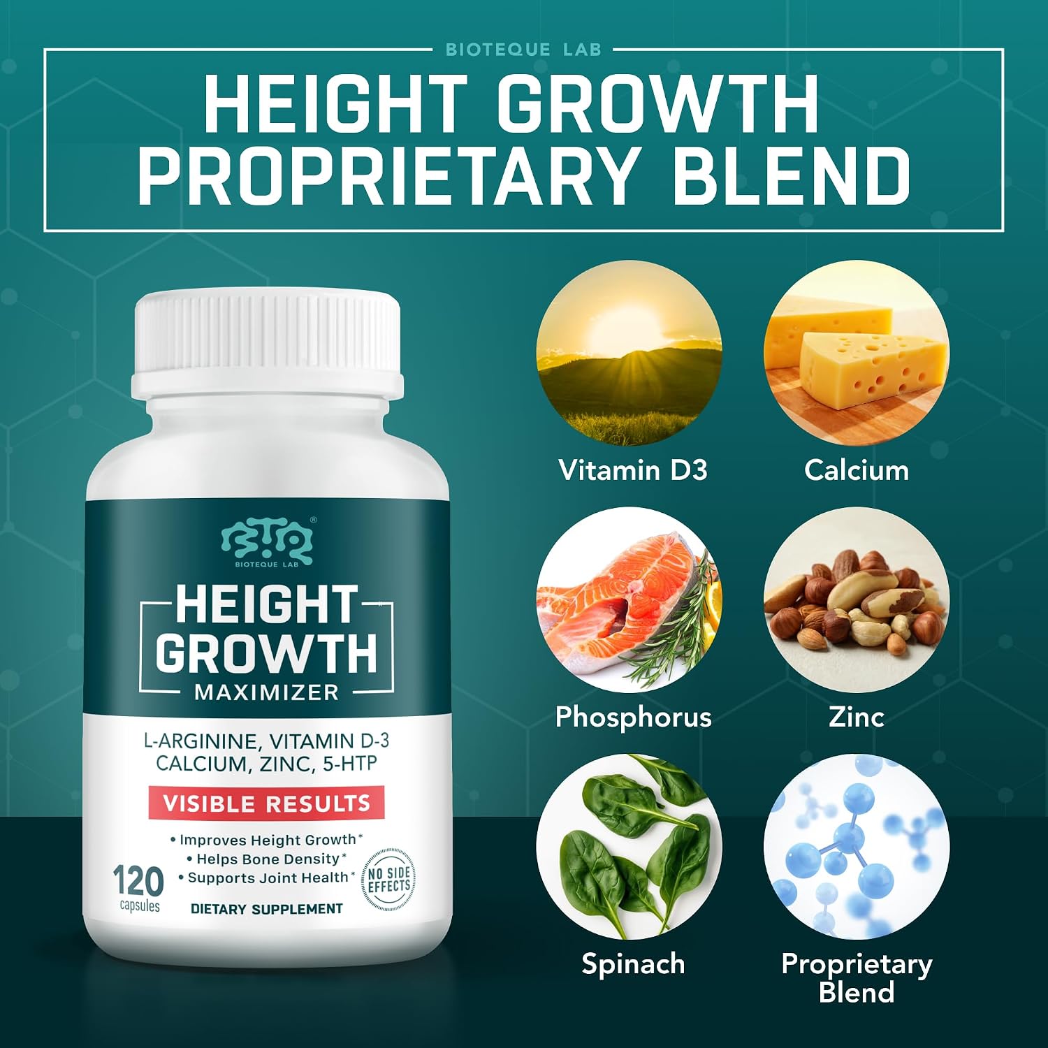 BIOTEQUELAB Height Growth Maximizer, Calcium, Vitamin D3 and Zinc Blend Pills, Bone Growth Supplement for Kids and Teens, Bone Strength
