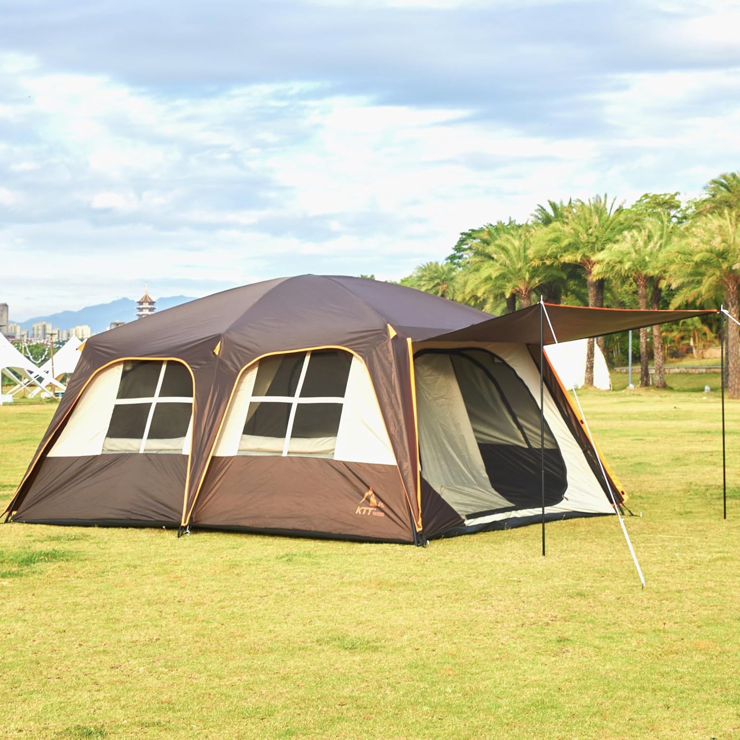 KTT Extra Large Tent 12-14 Person, Family Cabin Tents, 2 Rooms, Straight Wall, 2 Doors 4 Windows with Mesh, Waterproof, Double Layer