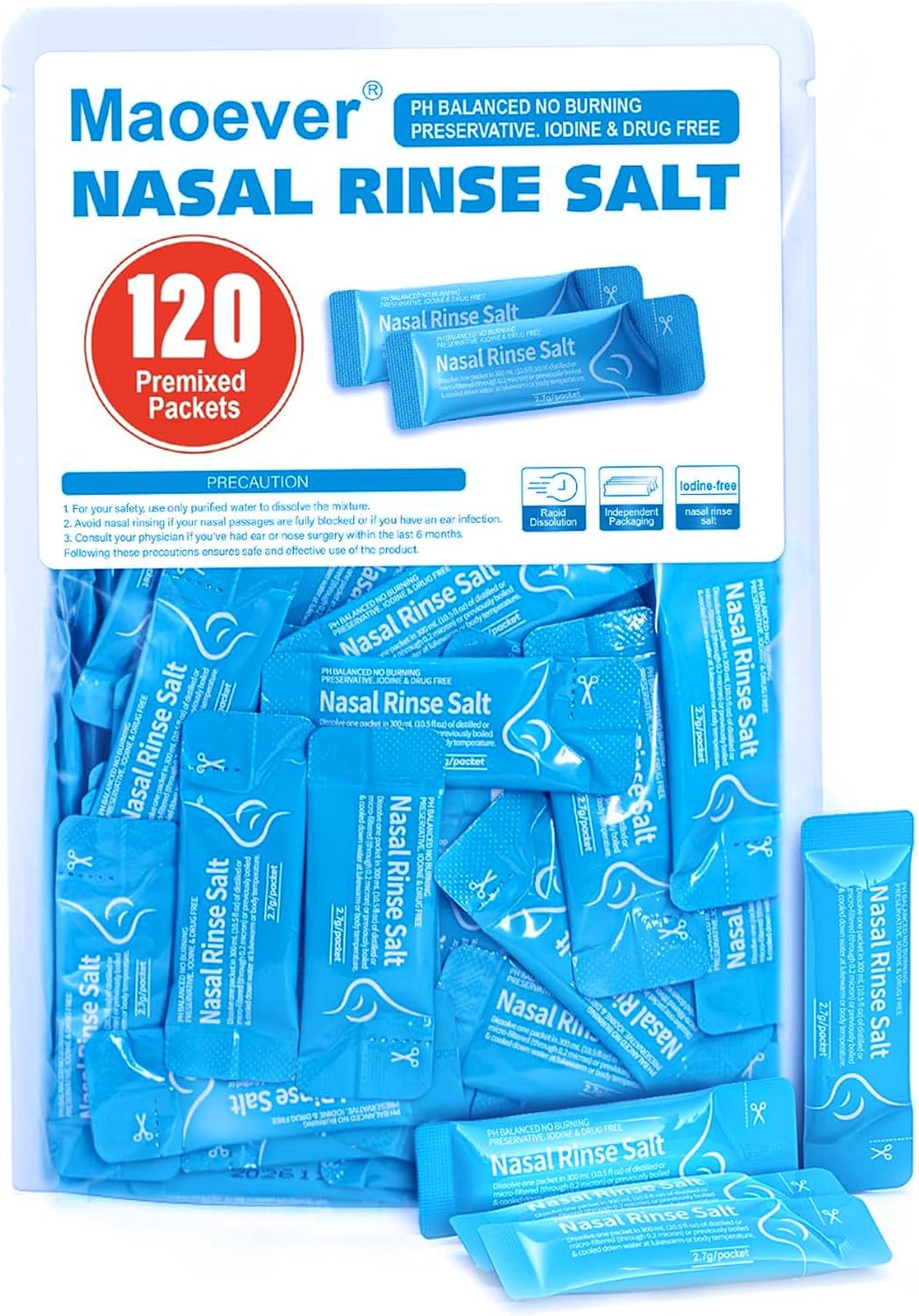 MAOEVER 120 Saline Nasal Packets, Nasal Salt Rinse for Neti Pots & Squeeze Bottles, Individually Wrapped & pH Balanced, Cooling Sinus Relief & Nasal Care(120, Mint Green)