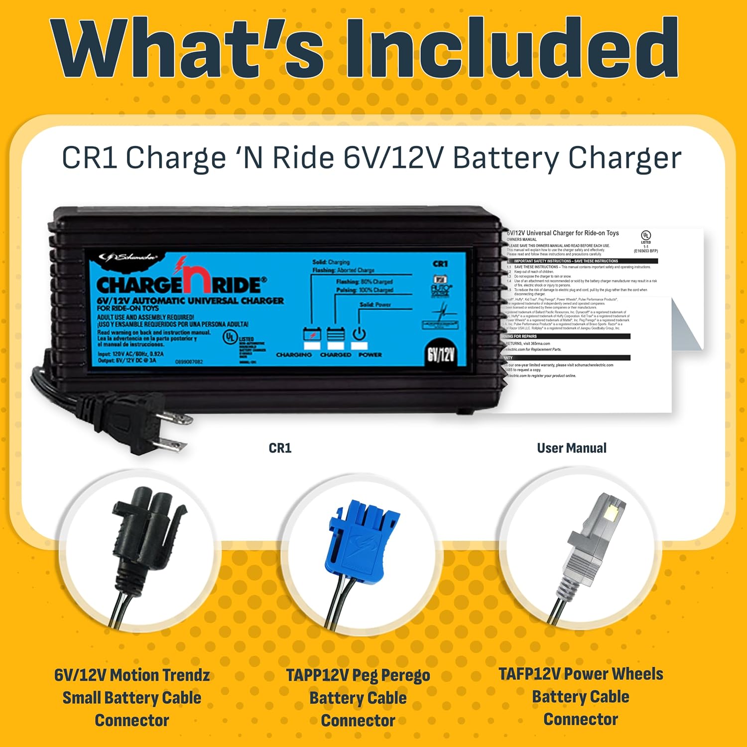 Schumacher Electric Charge 'n Ride Universal Battery Charger and Maintainer for Ride-on Toys, CR1, 2-in-1, Fully Automatic, 3 Amps, 6 Volt, 12 Volt, Use with MotionTrendz, Power Wheels, and Peg Pergo