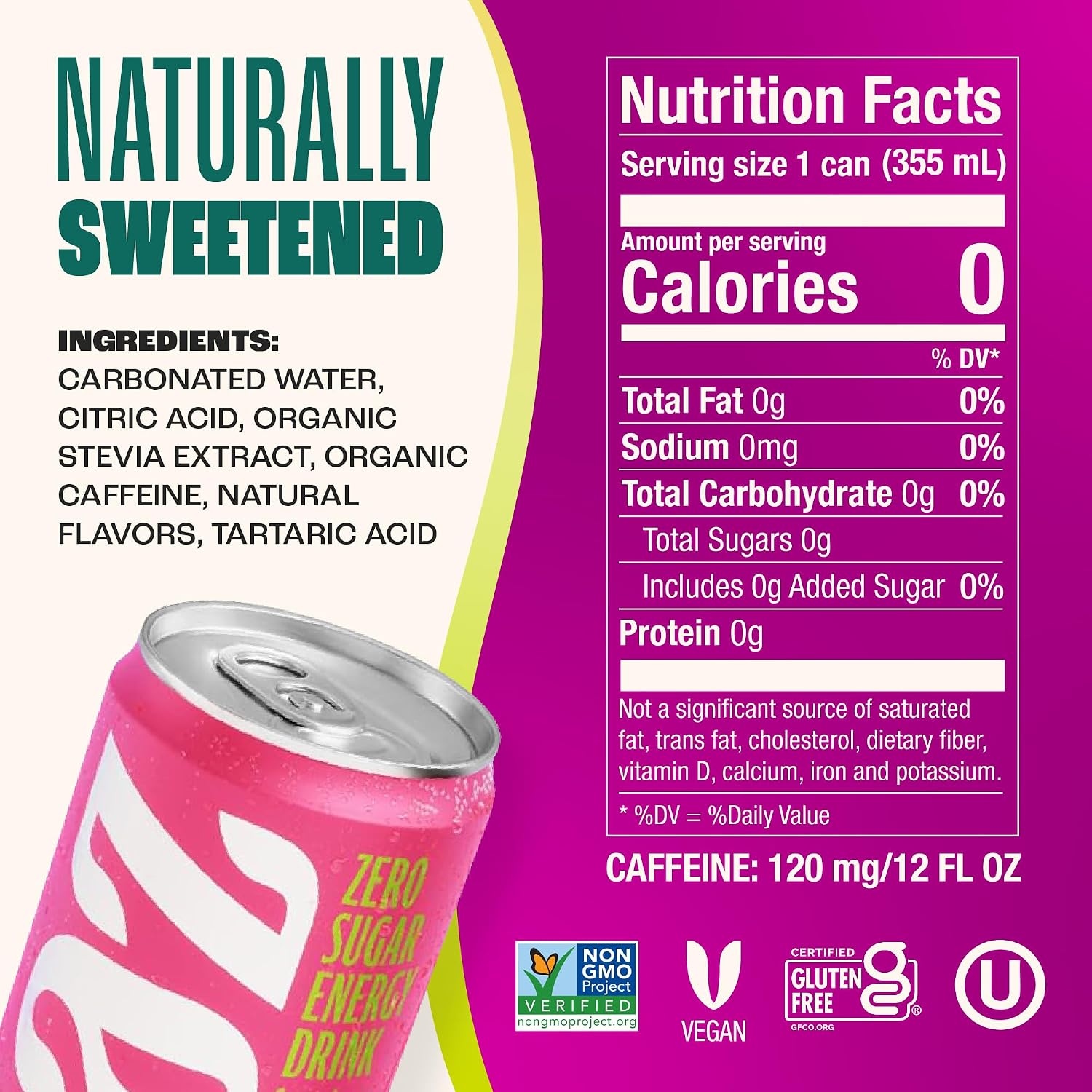Zevia Zero Sugar Energy Drink, Raspberry Lime, 12 oz Cans (12-Pack) – Naturally Sweetened, Zero Calorie Sugar Free Energy - Non-GMO Project Verified, Gluten-Free, Vegan