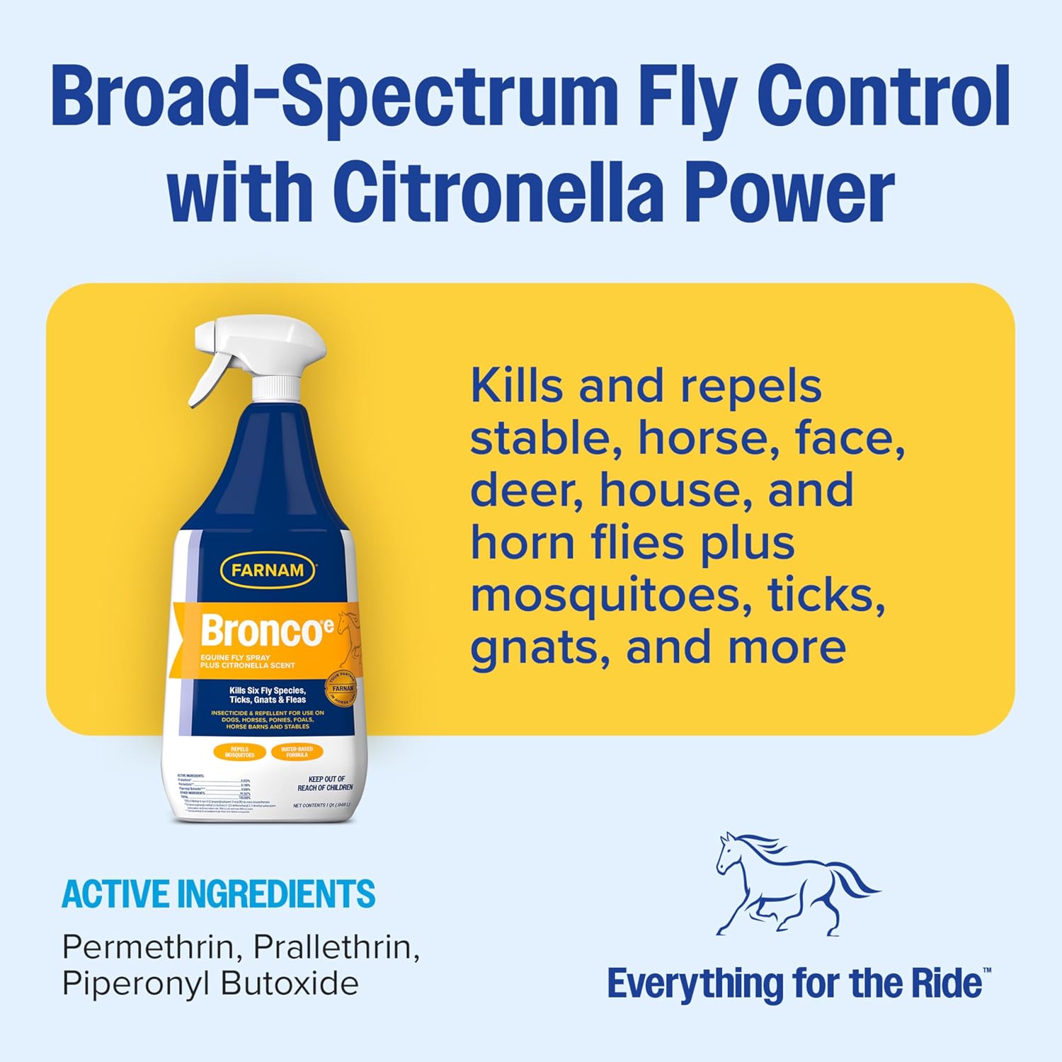 Farnam Bronco E Fly Spray for Horses, Dogs & Premises 128 oz Refill | Kills & Repels Stable, Horse, Deer, House & Horn Flies, Mosquitoes, Fleas, Chiggers, Ticks, Lice & Gnats