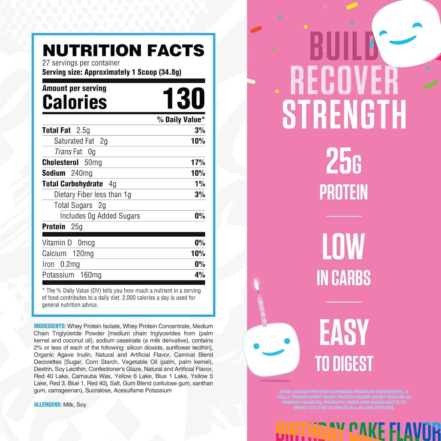 RYSE Loaded Protein Powder - Peanut Butter Cup - 25g Whey Protein Isolate & Concentrate with Prebiotic Fiber & MCTs - Low Carb, Low Sugar