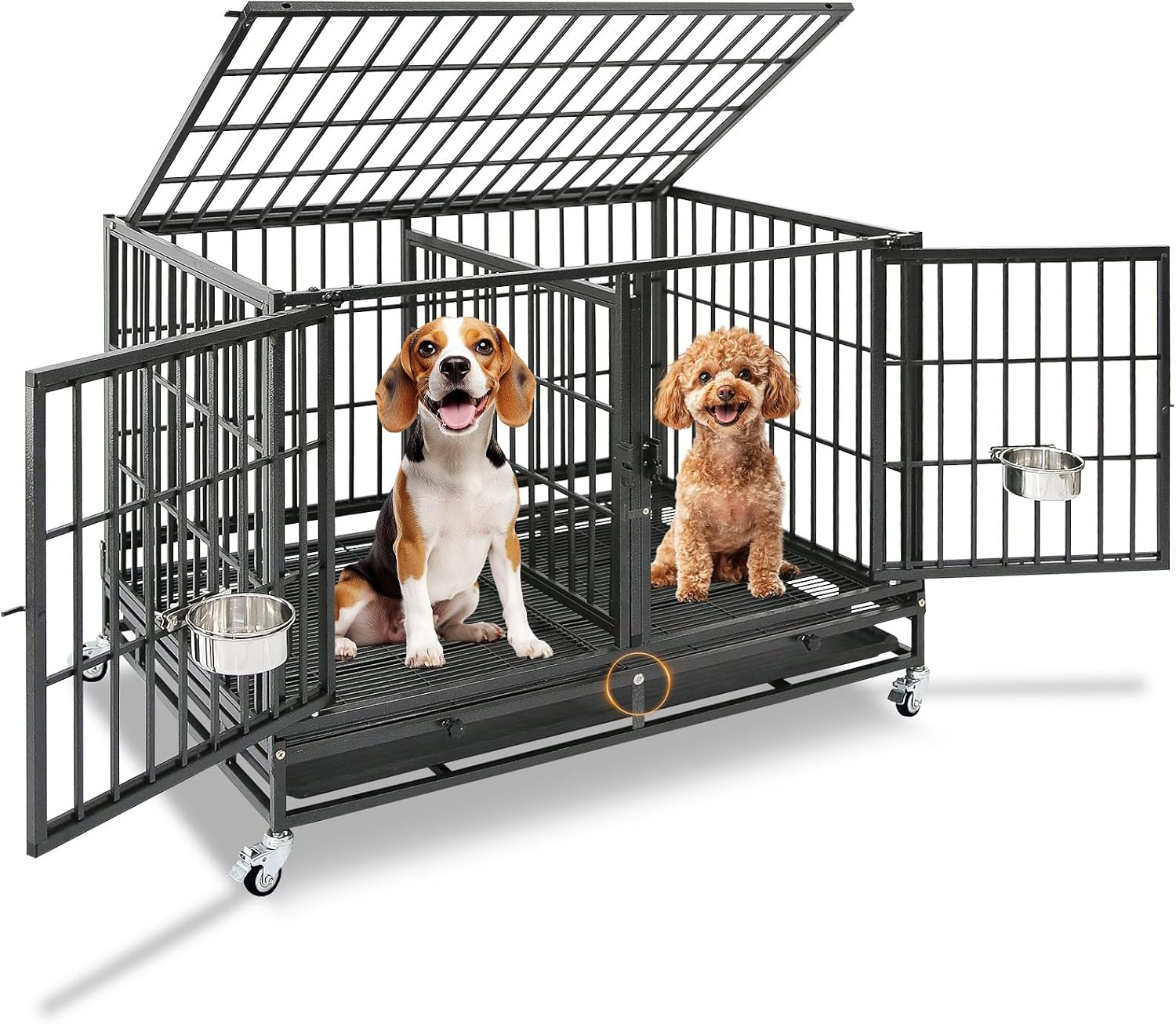 Homey Pet Three Tiers 43 inch Heavy Duty Dog Crate with Wheels, Dual Doors | Stackable Indestructible Steel Dog Cage Kennel Indoor with Divider, Trays, Bowls, Escape Proof Locks for Breeders and More