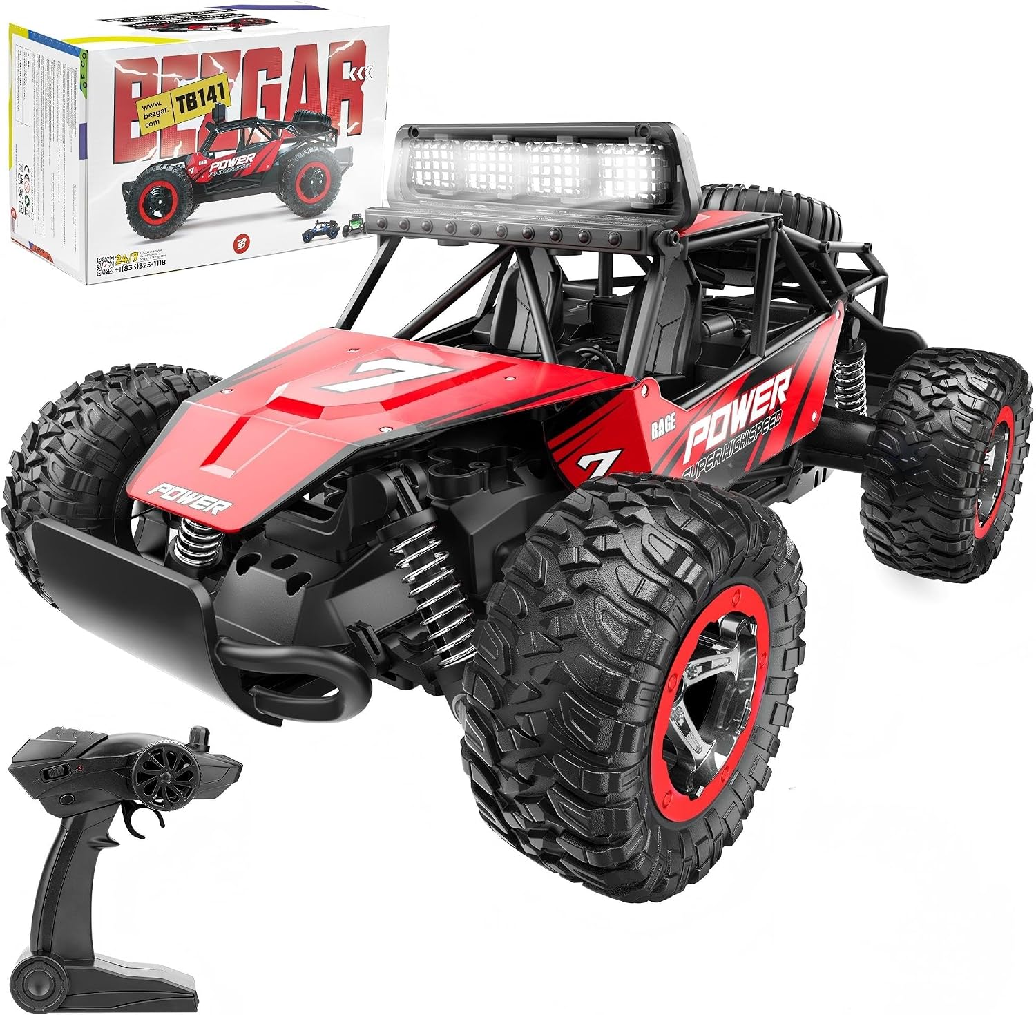 BEZGAR RC Cars for Boys - 1:14 Off Road RC Truck with LED Headlight | 2.4GHz steady wireless signal, shock-absorbing suspension, bright front lamp