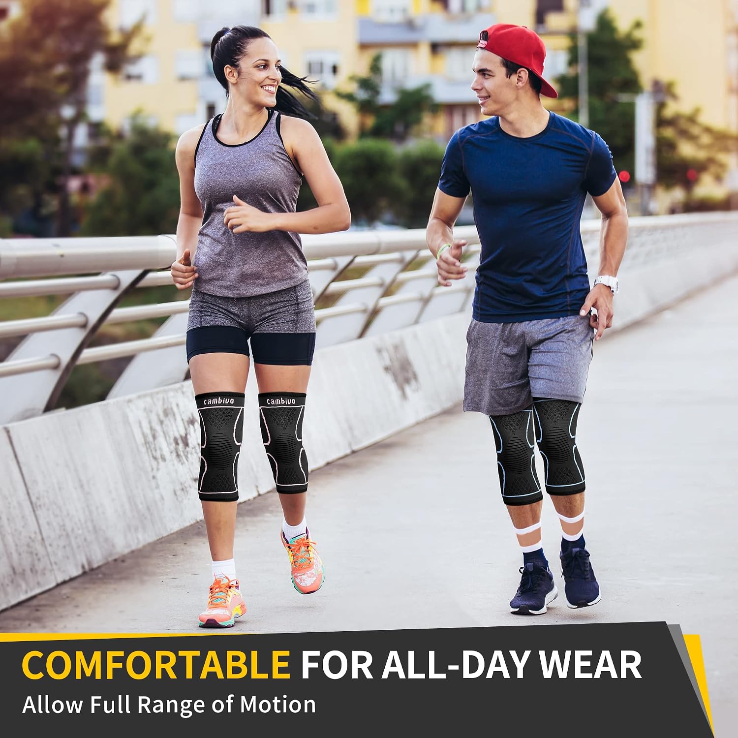 CAMBIVO 2 Pack Knee Braces for Women & Men, Knee Compression Sleeves for Knee Pain Relief, Knee Support with Non-Slip Silicone, Breathable, for Running, Workout, Weightlifting & Daily Use, Arthritis Support (Black, Medium)