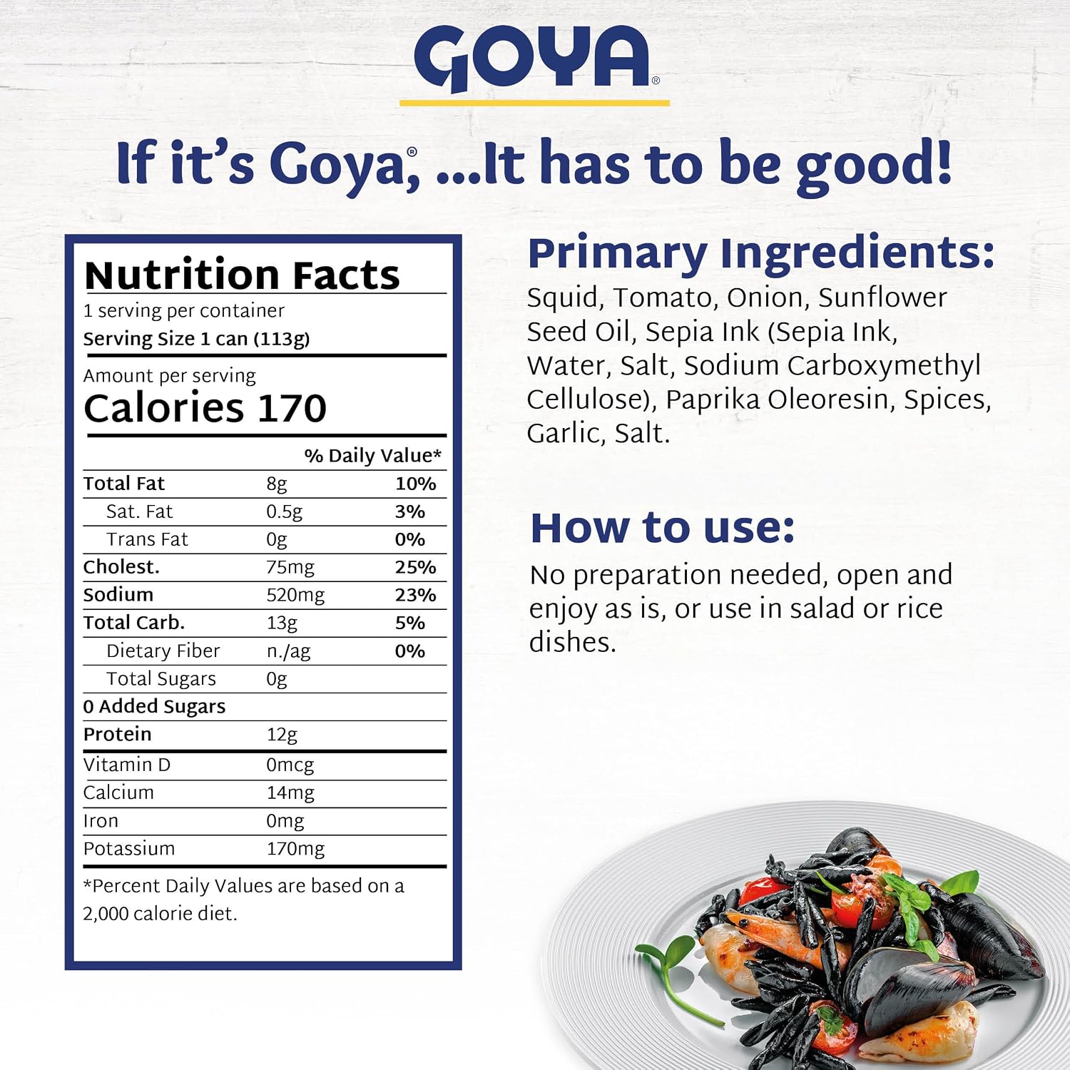 Goya Calamares Tinta Squid, Ready to Eat Seafood, Salads, 4 oz. Pack of 3 | Ready to Eat Seafood for Tapas, Pasta, Rice and Salads