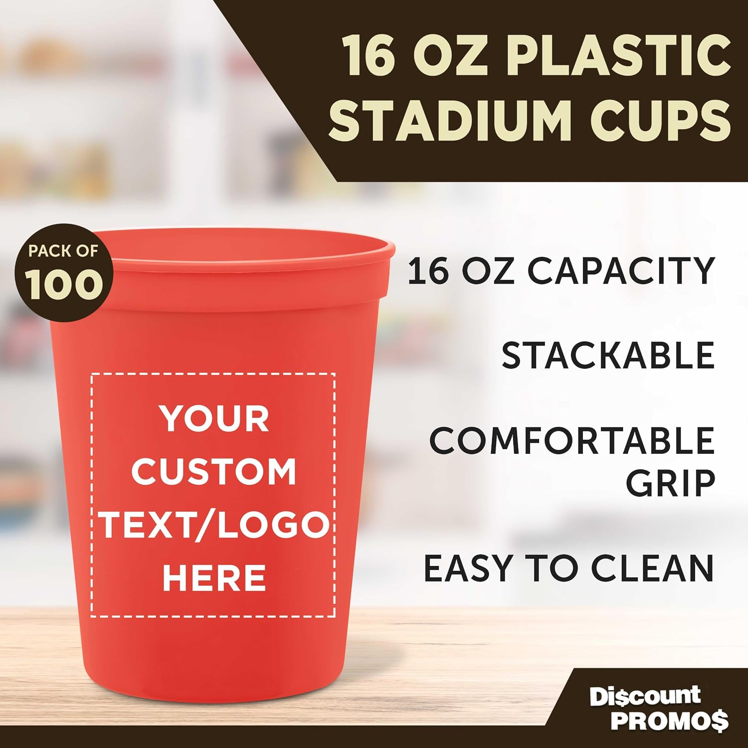 DISCOUNT PROMOS Custom Plastic Stadium Cups 16 oz. Set of 10/50/100, Personalized Bulk Pack - Perfect for Birthdays, Weddings, Picnic, Beach