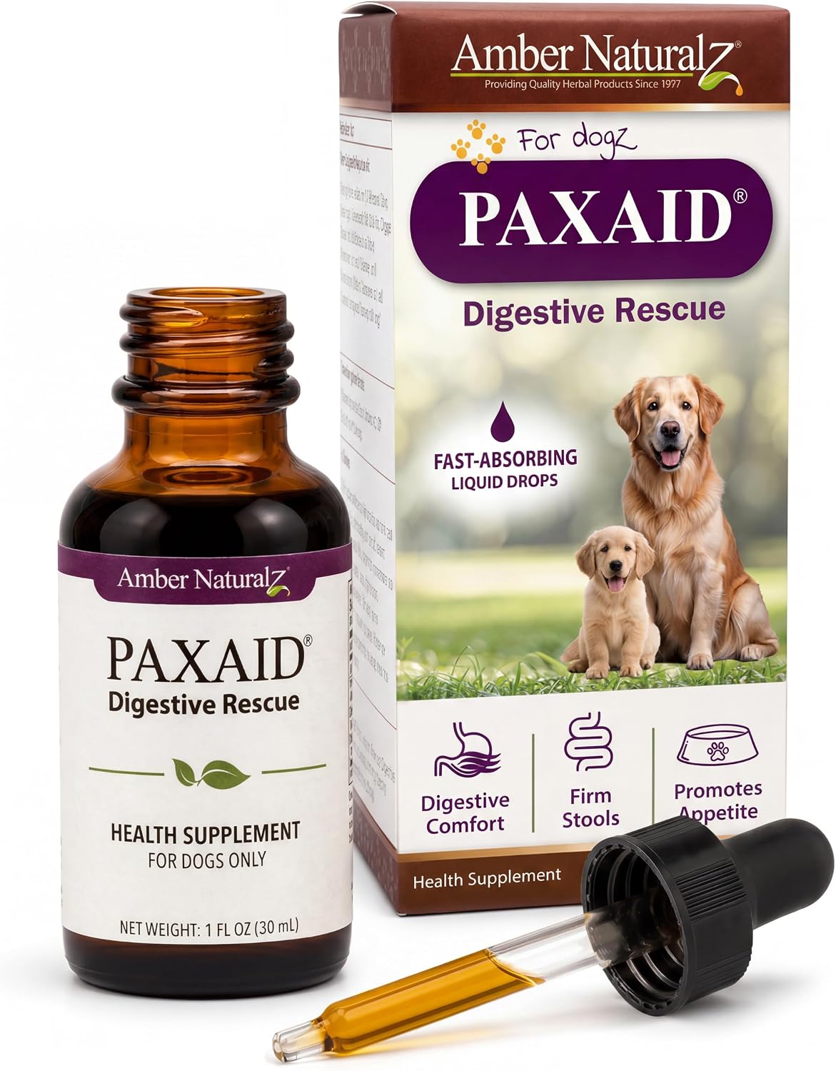 Amber NaturalZ Paxaid Dog Digestive Rescue Drops, Herbal, 1 FL OZ | Herbal digestive support drops for dogs & puppies; supports gut health, firm stools, normal appetite; USA-made