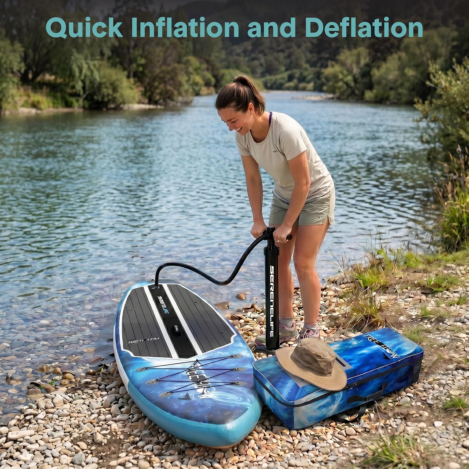 SereneLife 10’6” Inflatable Stand Up Paddle Board with Premium SUP Accessories - 32” Wide Stable Design with Non-Slip EVA Deck Pad