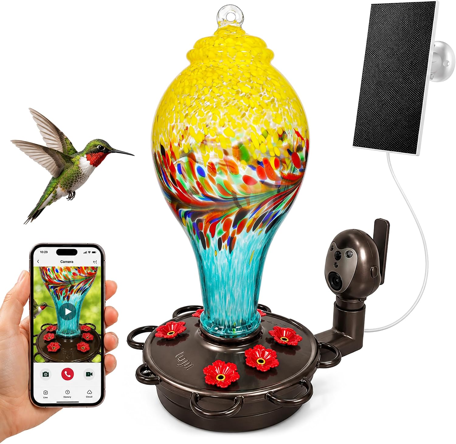 LUJII Hummingbird Feeder, Hand Blown Glass Hummingbird Feeder, Never Fade, 36 Fluid Ounces, 5 Feeding Metal Stations, Much Bigger, Garden Backyard Decorative, Containing Ant Moat (Blue)