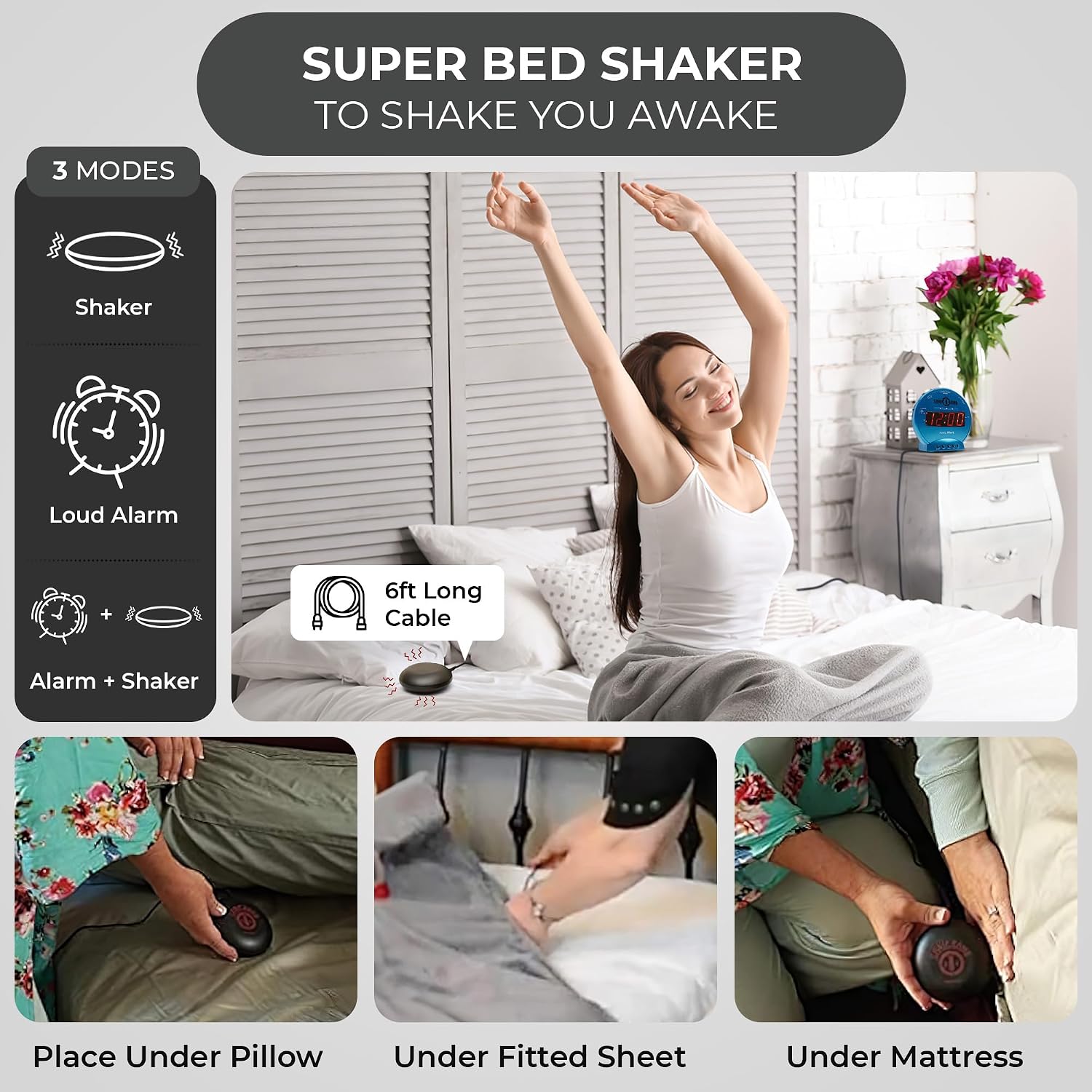 Sonic Bomb Dual Extra Loud Alarm Clock with Bed Shaker, Black | Sonic Alert Vibrating Alarm Clock Heavy Sleepers, Battery Backup | Wake with a Shake