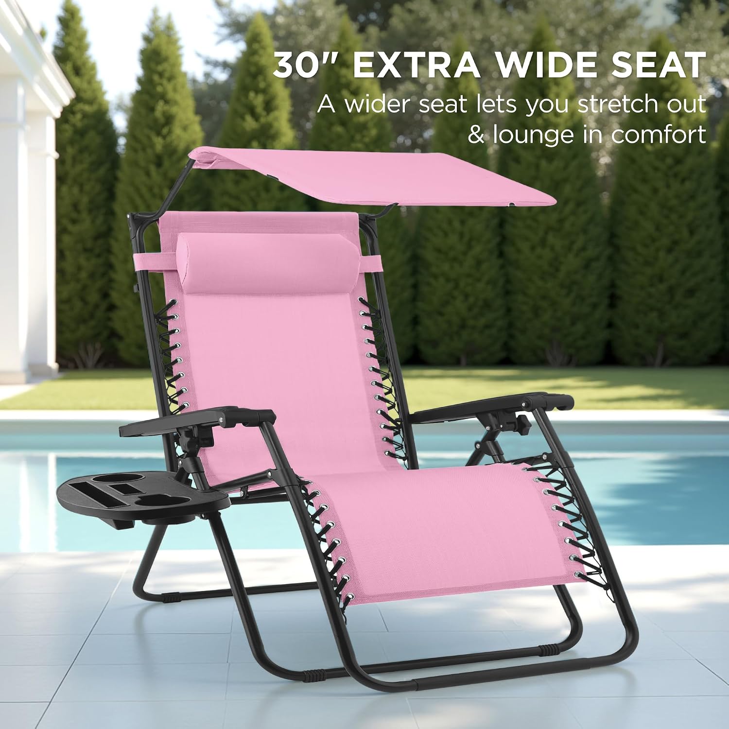 Best Choice Products Folding Zero Gravity Outdoor Recliner Patio Lounge Chair w/Adjustable Canopy Shade, Headrest, Side Accessory Tray, Textilene Mesh - Beige