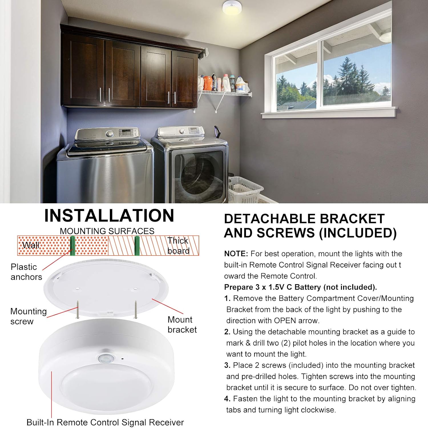 BIGMONAT Wireless Ceiling Light with Remote and Timer, Dimmable Motion Sensor Shower Light