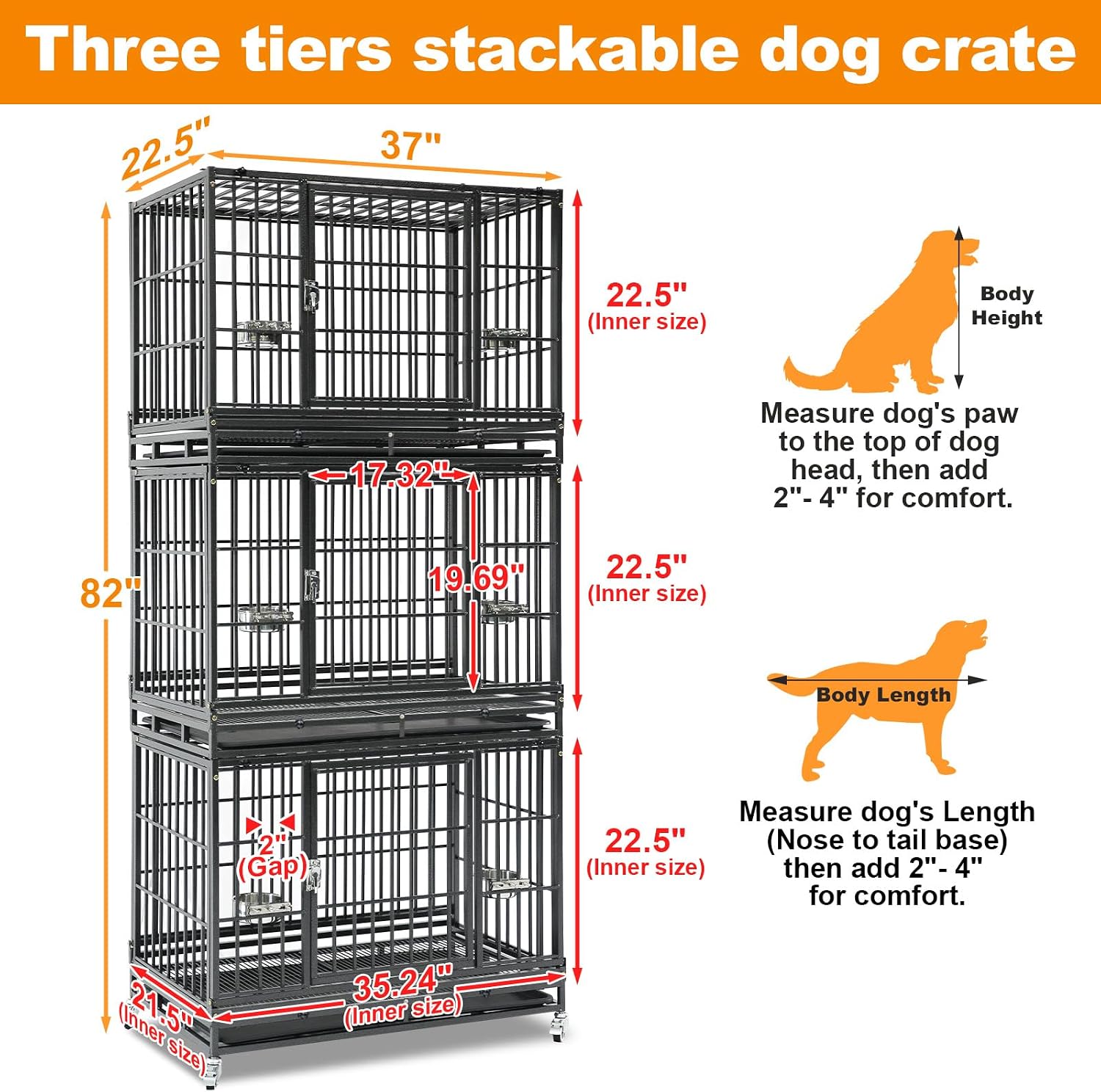 Homey Pet Three Tiers 43 inch Heavy Duty Dog Crate with Wheels, Dual Doors | Stackable Indestructible Steel Dog Cage Kennel Indoor with Divider, Trays, Bowls, Escape Proof Locks for Breeders and More