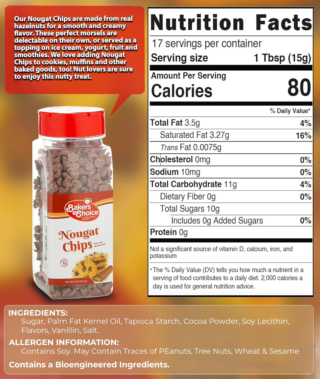 Nougat Flavored Chocolate Chips Non Dairy, Kosher 9 Ounce. Baker’s Choice