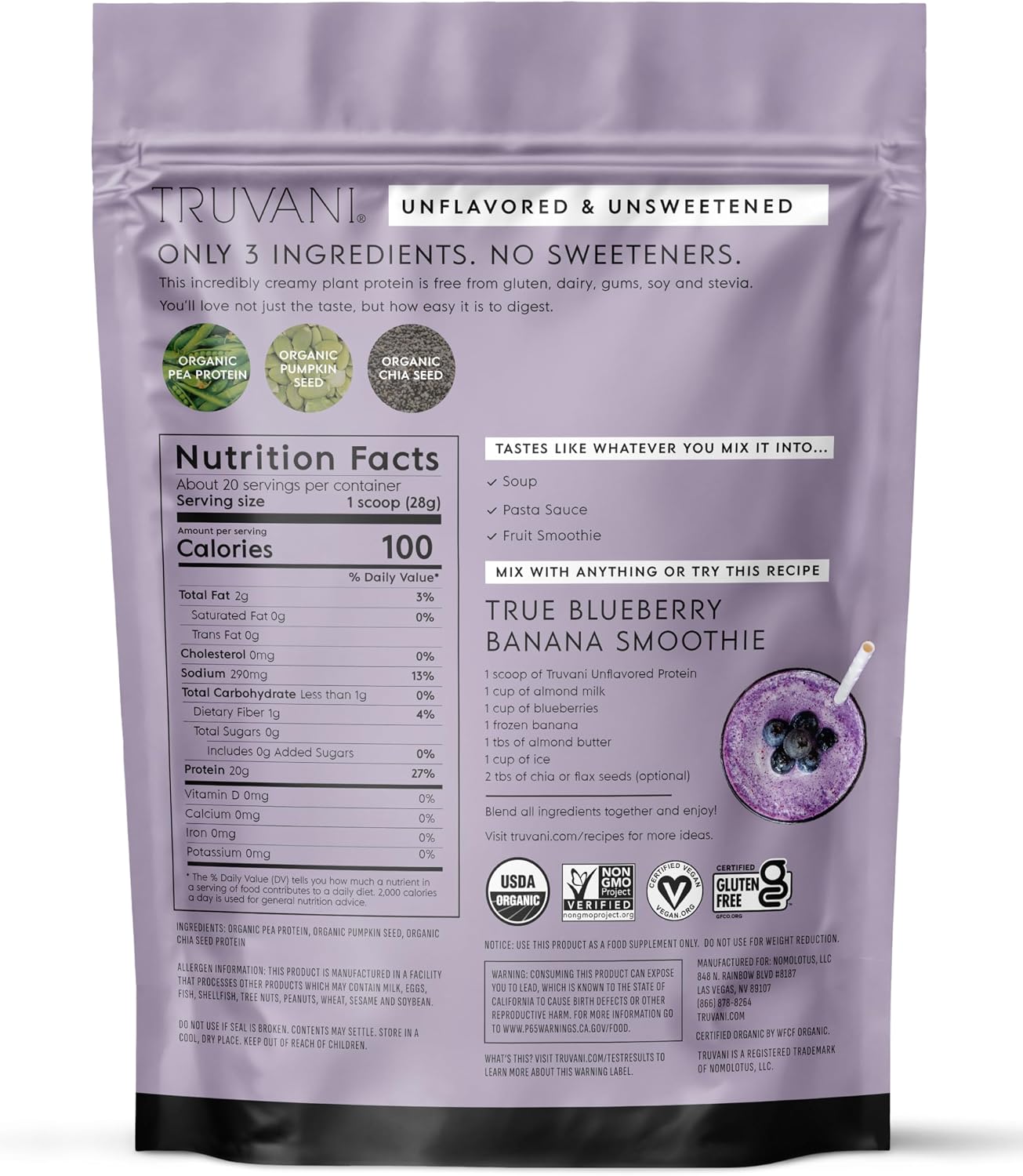 Truvani Organic Plant Based Protein Powder | Chocolate Peanut Butter