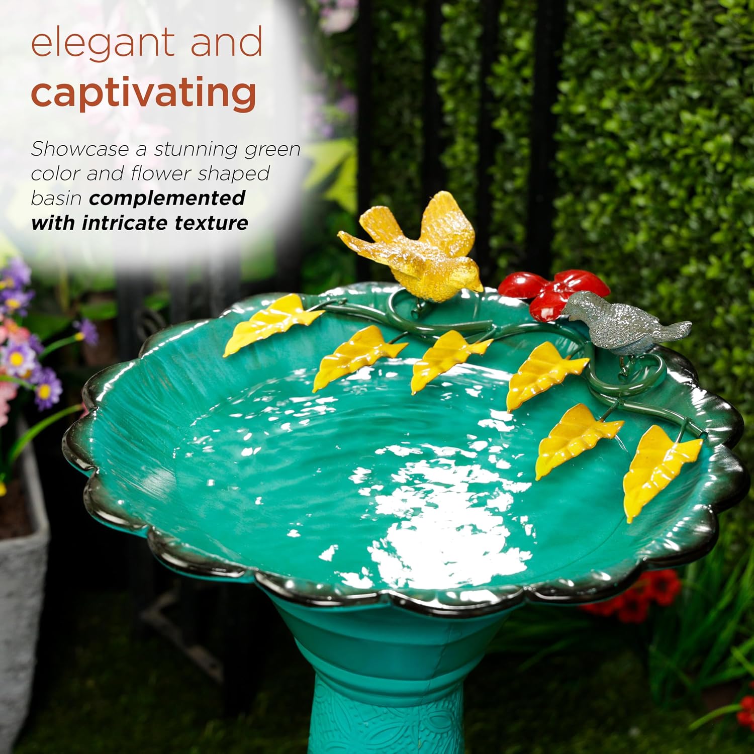 Alpine Corporation - 28" Tall Outdoor Metal Birdbath with Birds and Leaves Yard Statue Decoration, Red – Stunning Garden Accent to Attract Birds - Durable Construction for Patio, Deck, or Yard