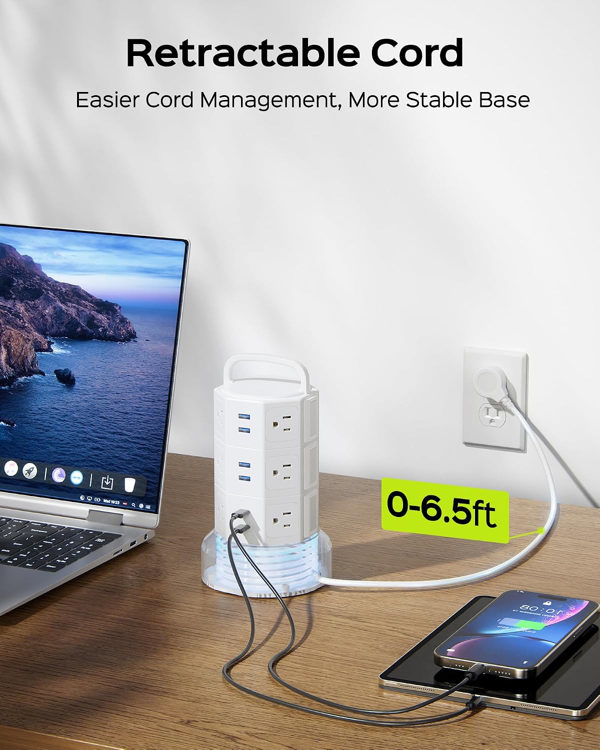 JACKYLED Power Strip Tower Surge Protector, 12 AC 6 USB (2 USB C), 1050J