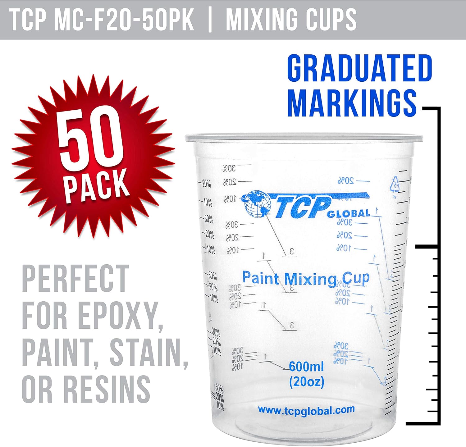 TCP Global 20 oz. (600ml) Graduated Plastic Mixing Cups - Box of 50