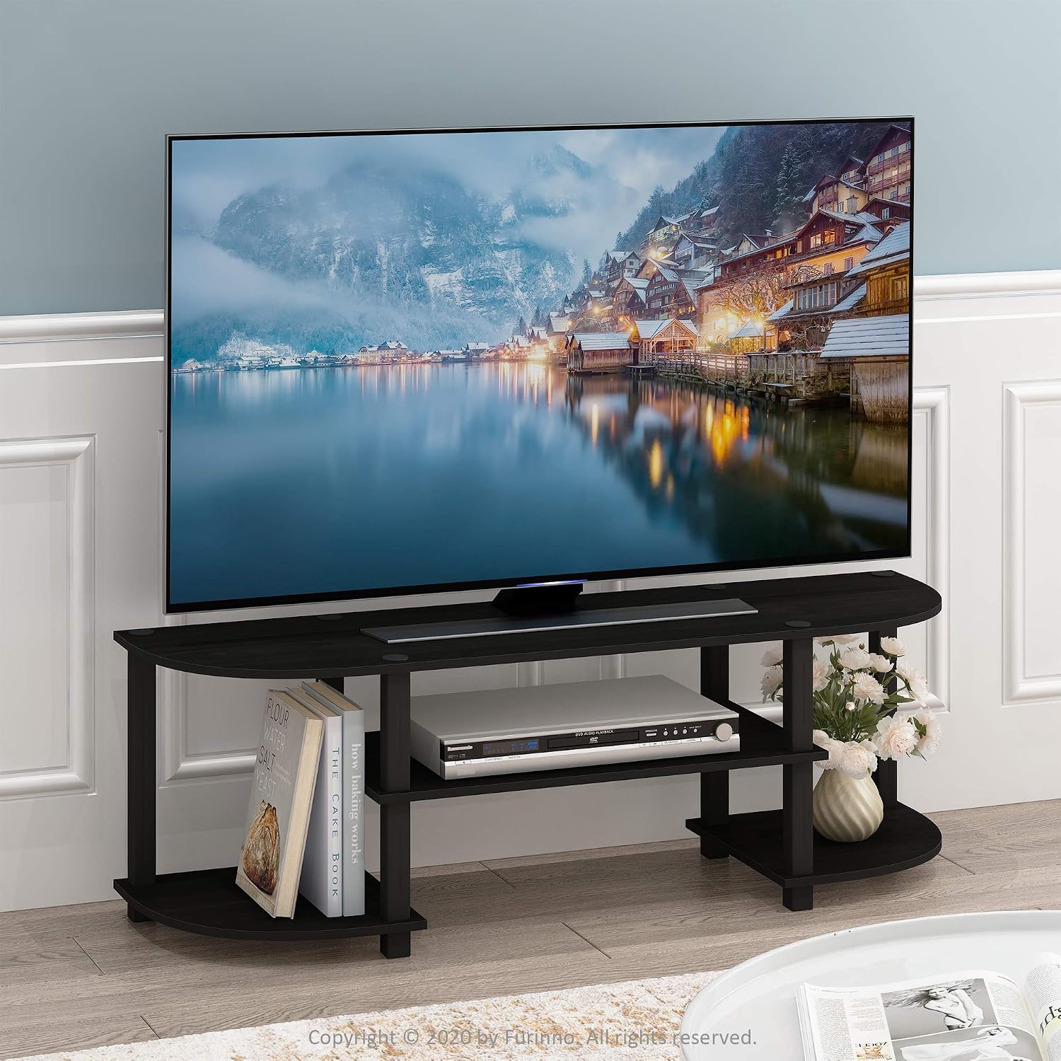 Furinno TURN-S-TUBE 3-Tier TV Stand for TVs up to 55 Inch, French Oak | Toolless Entertainment Center with Open Storage Shelves, Media Console Table with Soundbar Shelf for Living Room, Bedroom