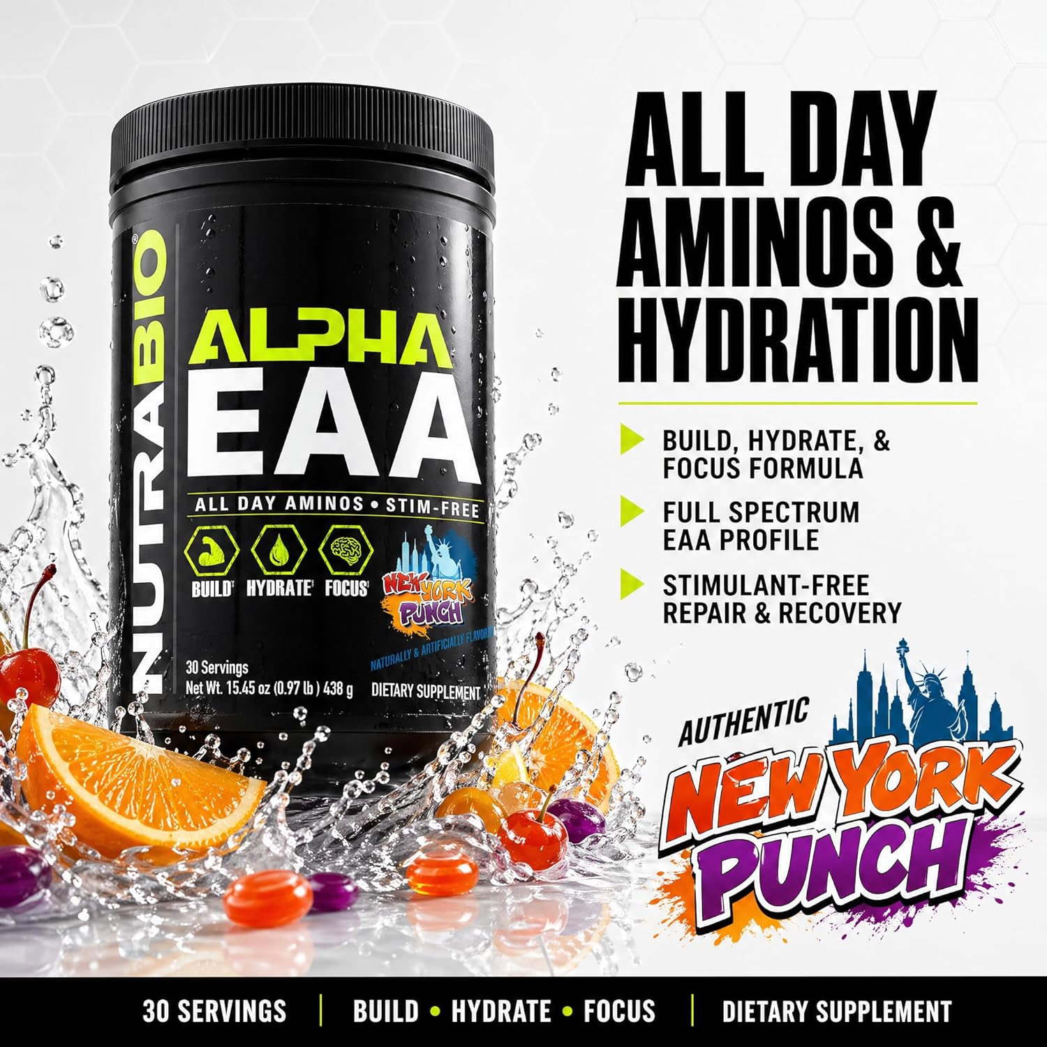 NutraBio Alpha EAA - All-Day Amino Acids for Muscle Growth and Hydration - Essential Amino Acids with Nootropics & Adaptogens- Full Spectrum EAA BCAA Powder - 30 Servings - Strawberry Lemon