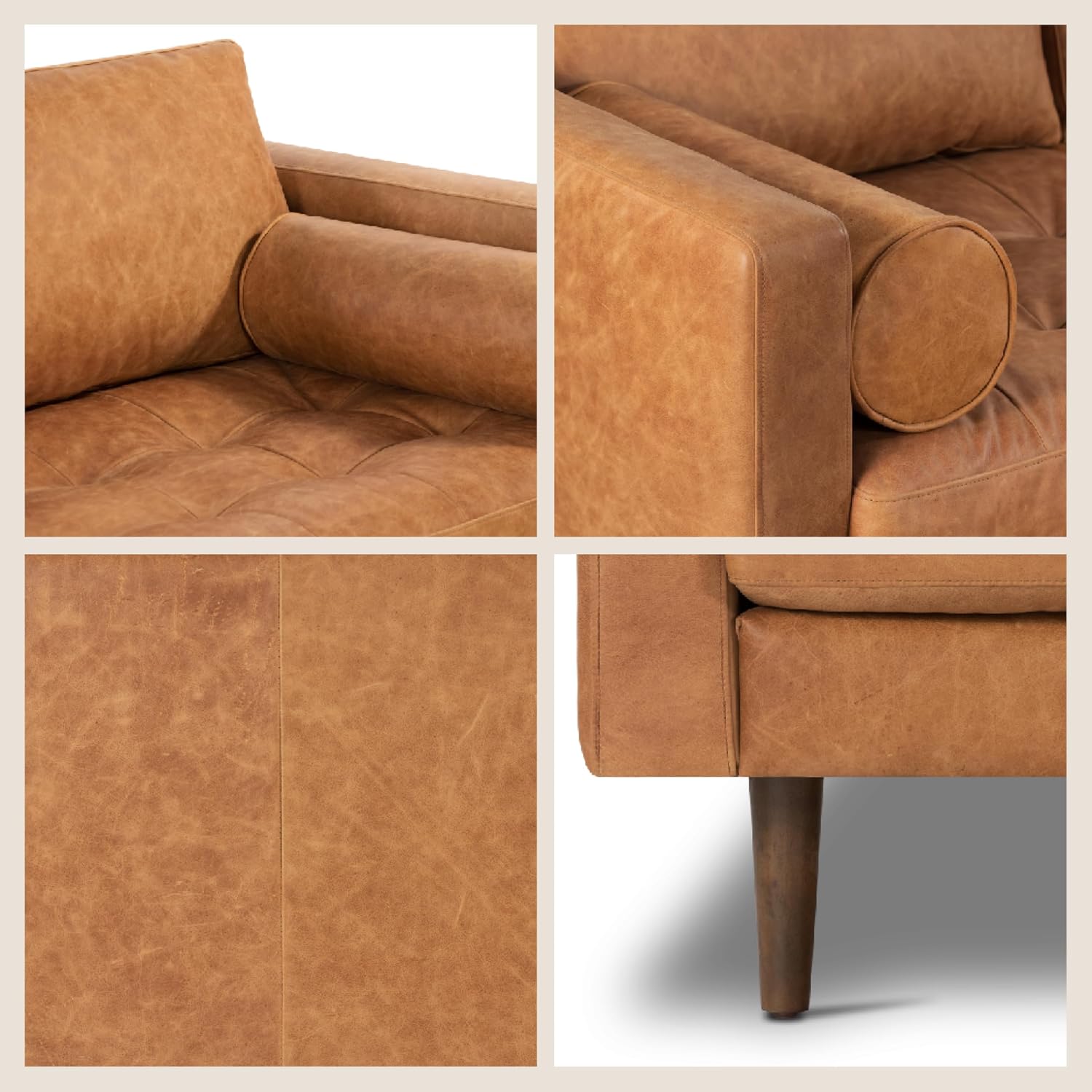 Poly & BARK 55" Tufted Leather Bed Bench for Bedroom End of Bed - Living Room Entry Way Bench - Pure Italian Leather Upholstery with a Solid Wood Frame - Ottoman Bench with Wooden Legs - Cognac Tan