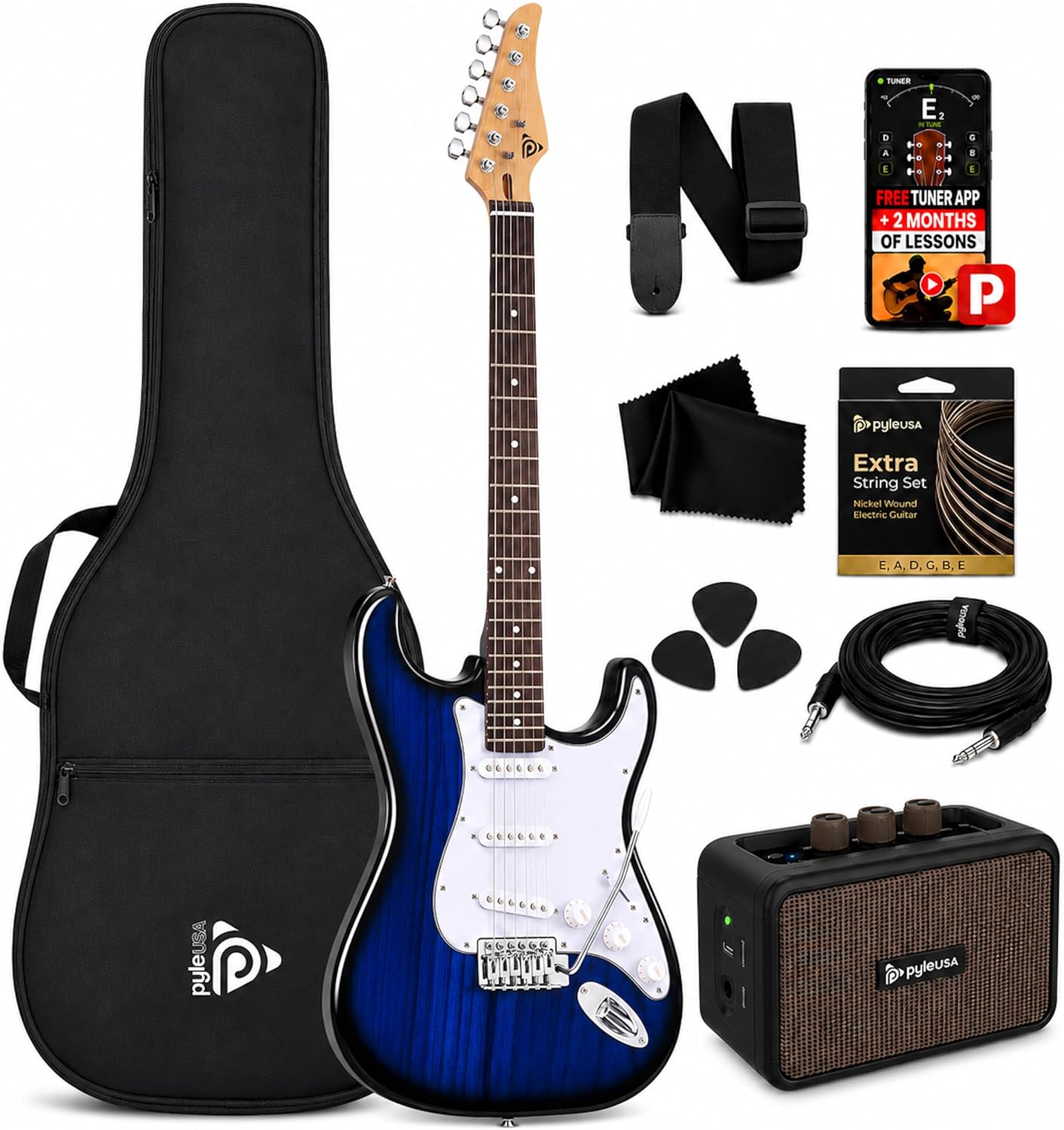 Pyle Electric Guitar and Amp Kit - Full Size 39" Complete Starter Kit with Wearable Bluetooth Amplifier, 1/4” Cable, Carry Case, Strap, Strings, Picks, Cleaning Cloth, ST-Style Pickups (Black)
