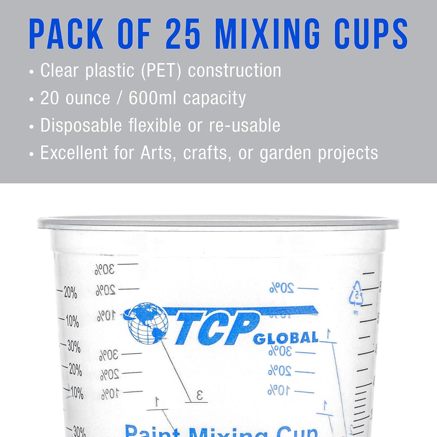 TCP Global 20 oz. (600ml) Graduated Plastic Mixing Cups - Box of 50