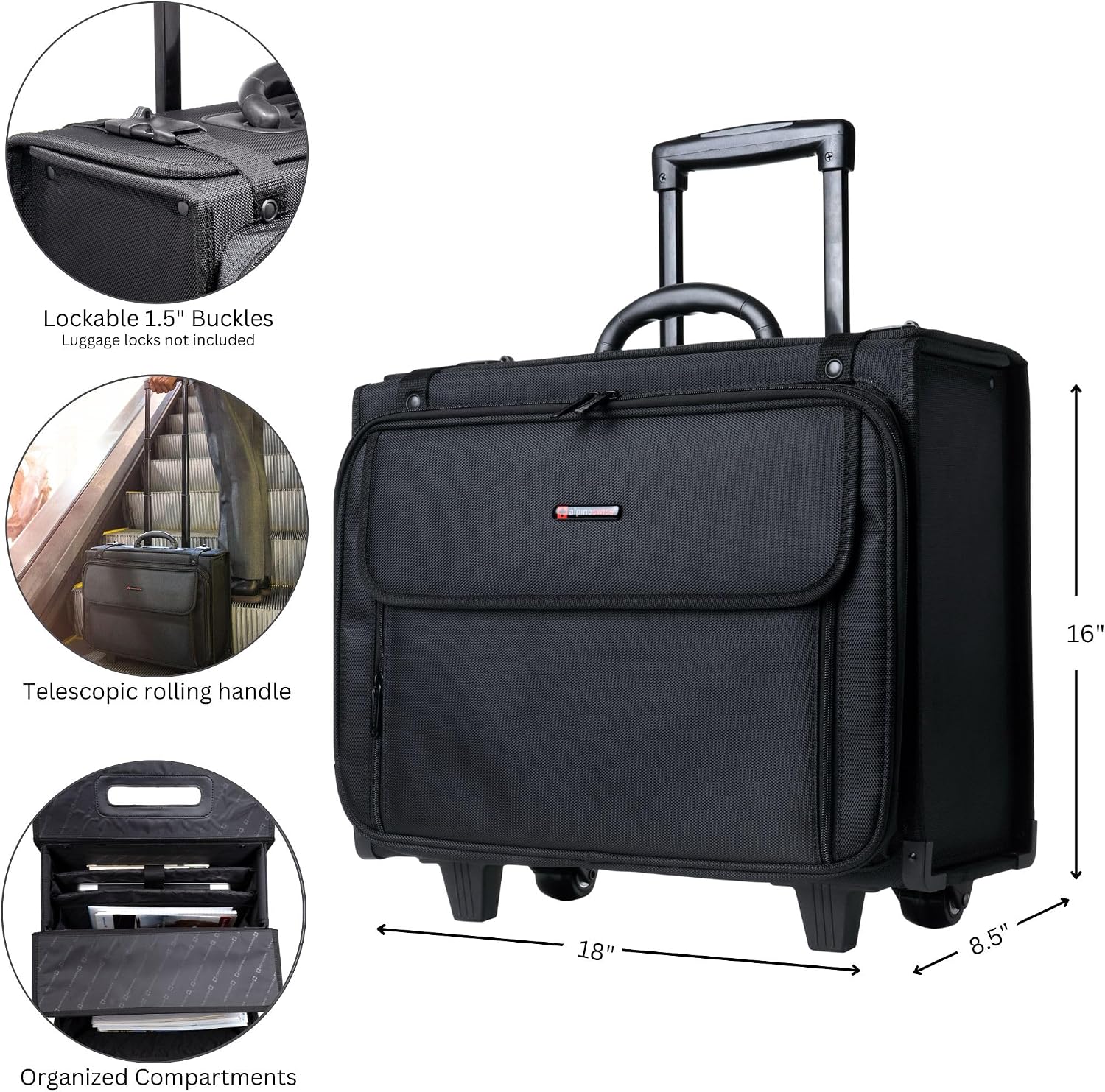 Alpine Swiss Rolling Briefcase | Laptop Bag For Men & Women | Hard Side Catalog Case on Wheels | Legal Size File Dividers | Lawyers Attache Case
