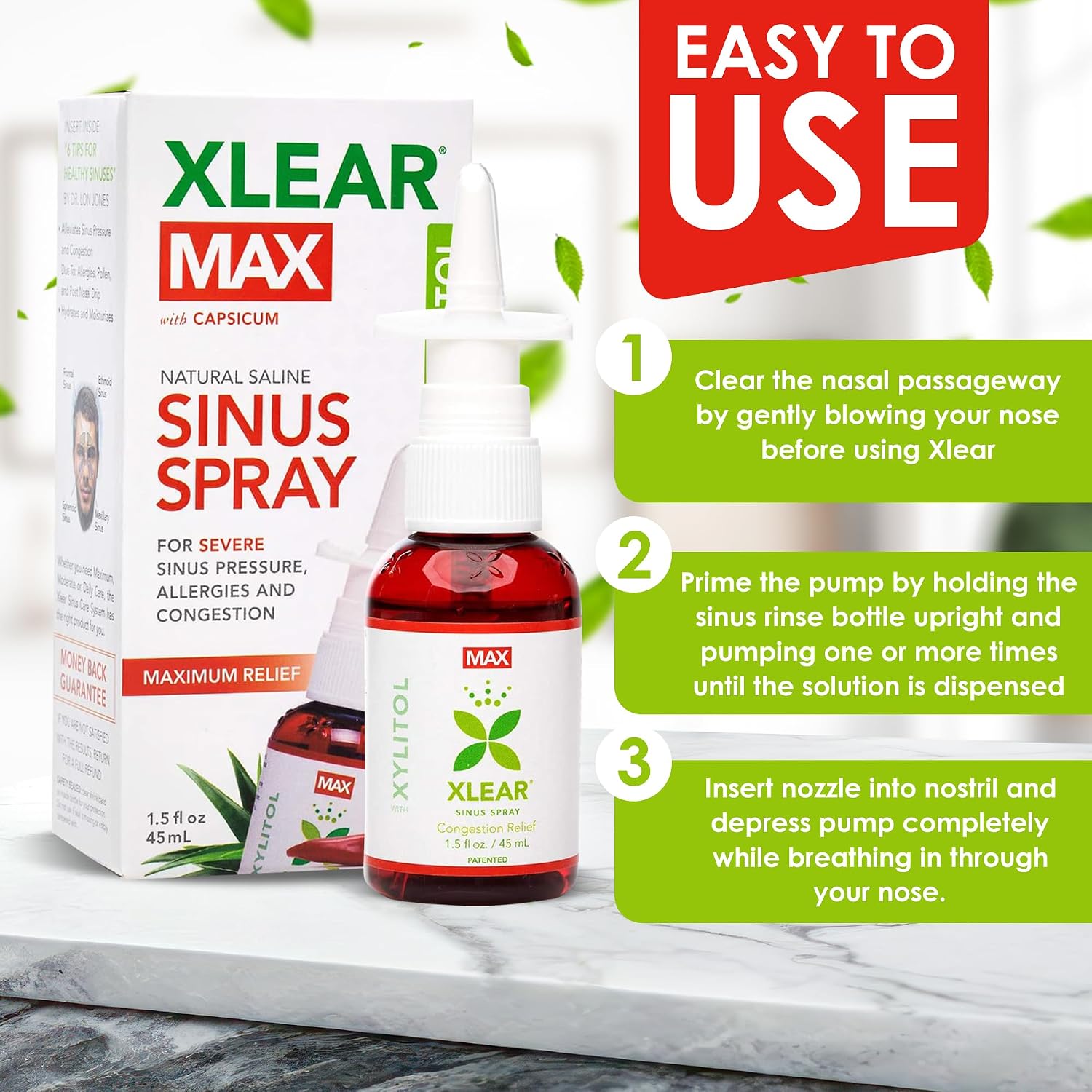 Xlear Max Natural Nasal Spray with Xylitol, 1.5 fl oz (Pack of 4) | Strong Formula with Capsicum and Aloe Vera for Servere Sinus Pressure Relief, Nasal Decongestant, Headache, Dry Nose