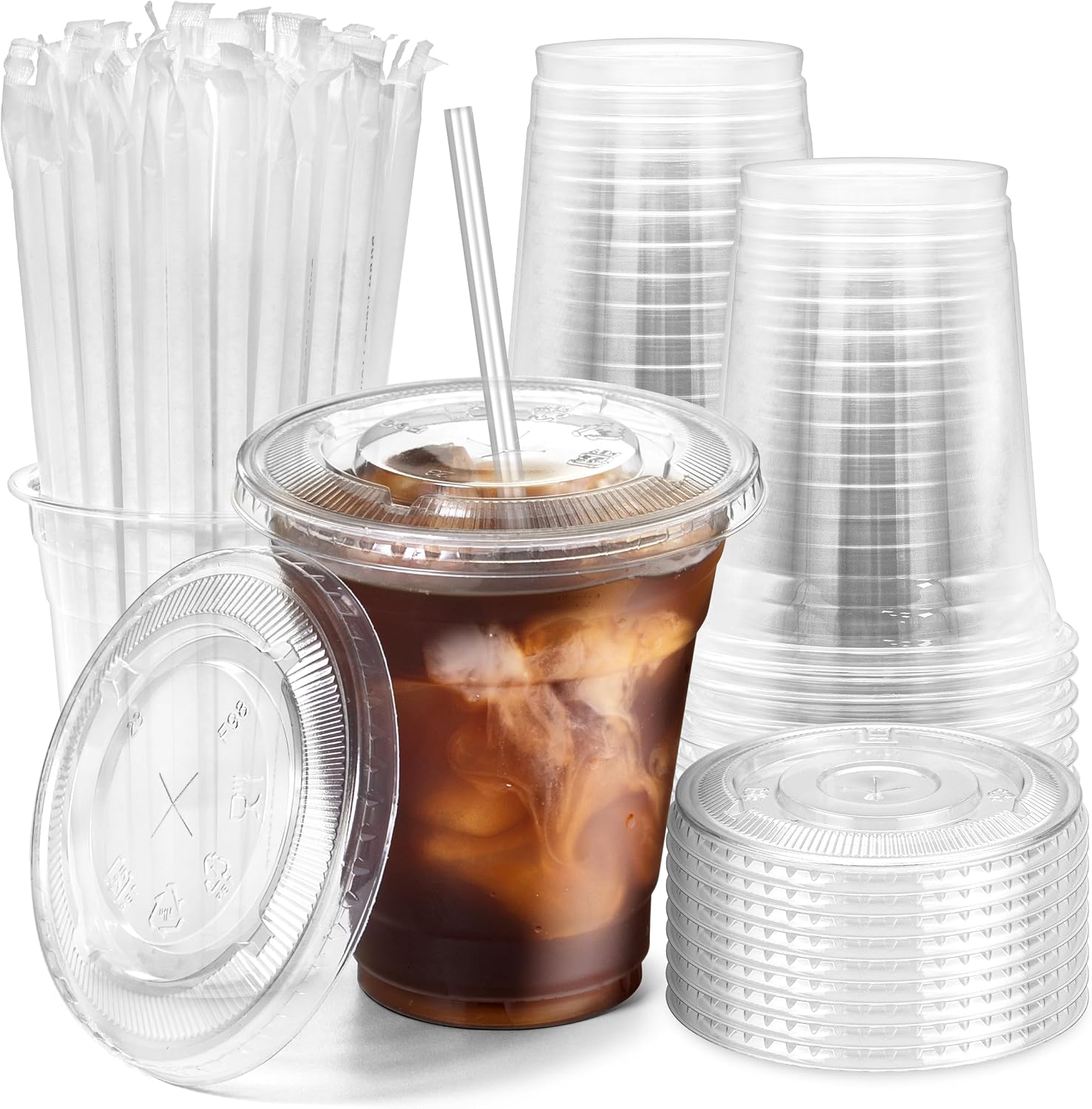 Fit Meal Prep 100 Pack 16 oz Clear Plastic Cups with Flat Lids, Disposable Iced Coffee Cups, BPA Free Premium Crystal Smoothie Cup for Party, Lemonade Stand, Cold Drinks, Juice, Milkshake