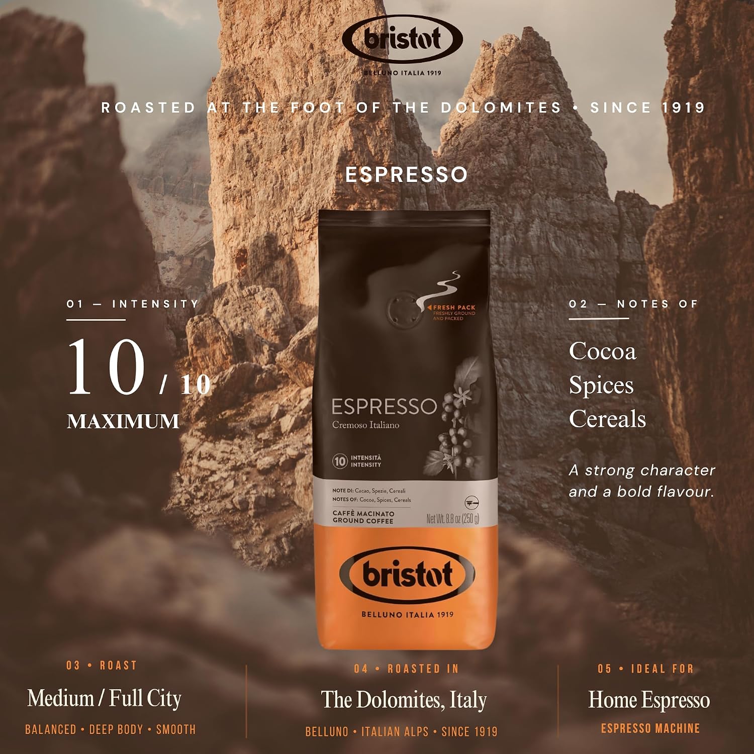 Bristot Espresso Cremoso Italiano Ground Coffee – Medium Roast, Rich & Smooth – 8.8oz (250g) Bag – Italian Ground Espresso for Home Machines