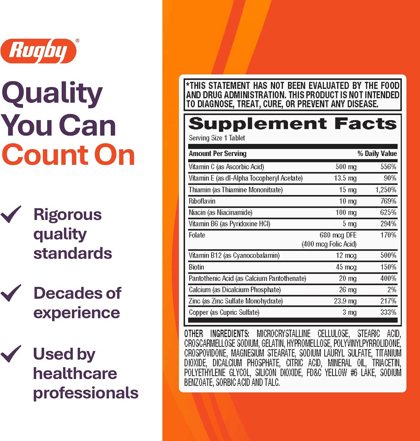 Rugby Multivitamin with Zinc Stress Formula - 60 Count (1-Pack)
