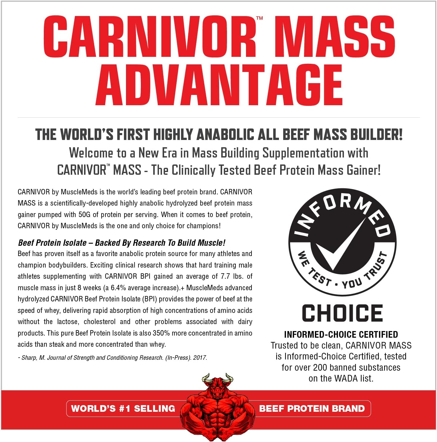 MuscleMeds CARNIVOR Mass Gainer Beef Protein Isolate Shake, 50 Grams Protein, 125 Grams Carbs, 0 Fat, 0 Sugar, Lactose Free, Halal Certified, Chocolate Peanut Butter, 6 Pound