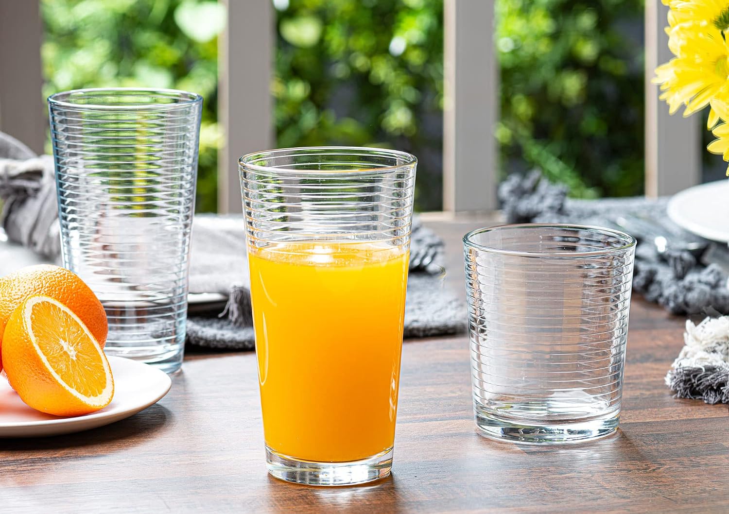 Le'raze Set of 16 Heavy Base Ribbed Durable Drinking Glasses Includes 8 Cooler Glasses (17oz) and 8 Rocks Glasses (13oz)