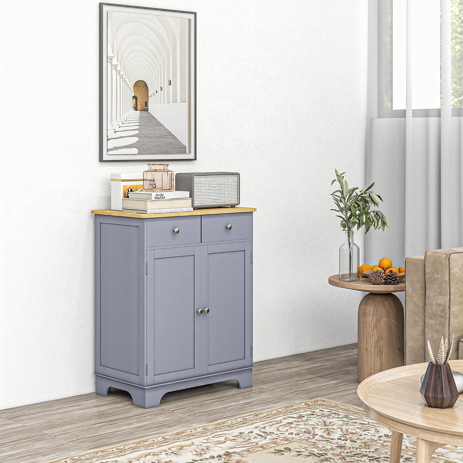 HOMCOM Sideboard Buffet Cabinet Solid Wood Countertop White