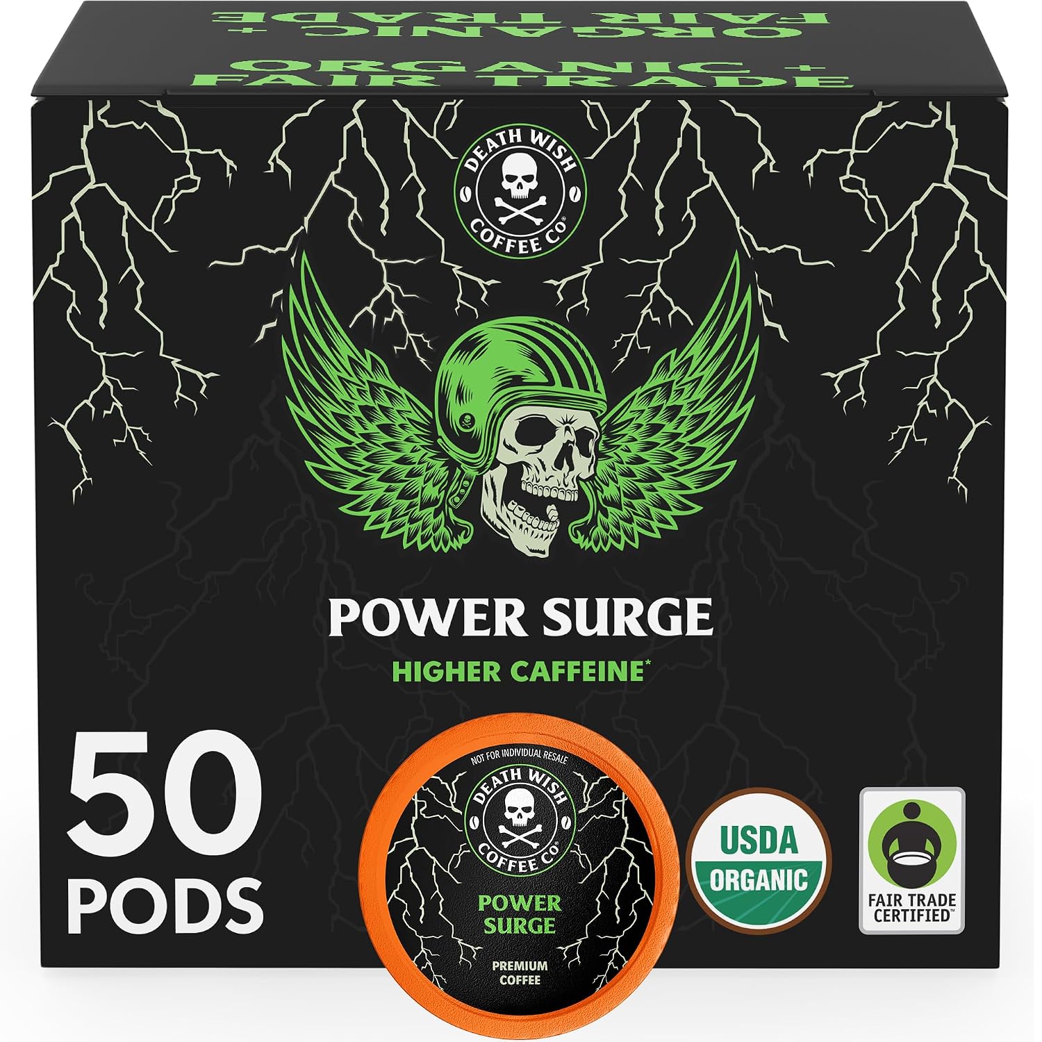 Death Wish Coffee Dark Roast Single Serve Coffee Pods, Organic, 50 Count | Fair Trade Arabica & Robusta, Baker's Chocolate & Cherry Notes, Low Acidity, Heavy Smooth Body, Bold & Intense