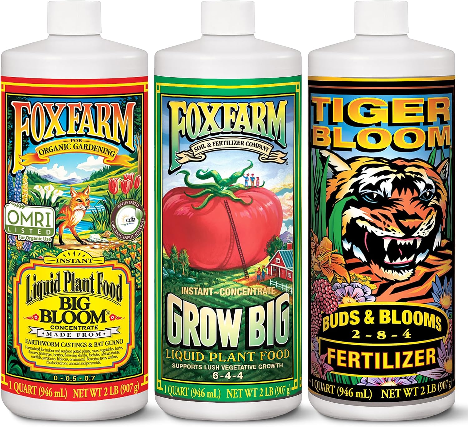 FoxFarm Soil Liquid Trio Pack - Big Bloom, Grow Big, Tiger Bloom Fertilizers Supports Vigorous Plant Growth, Bud Development & Abundant Fruit - Complete Liquid Plant Food Set - 3 Pint Bottles