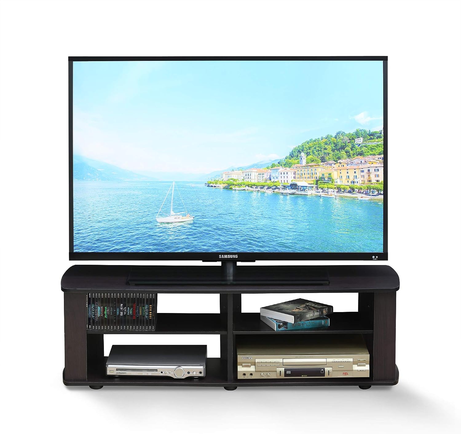 Furinno Nelly TV Stand, 3-Tier Entertainment Center with Open Shelves Storage, TV Console for TV up to 55 Inch, Soft Edges, for Living Room, Bedroom, Black